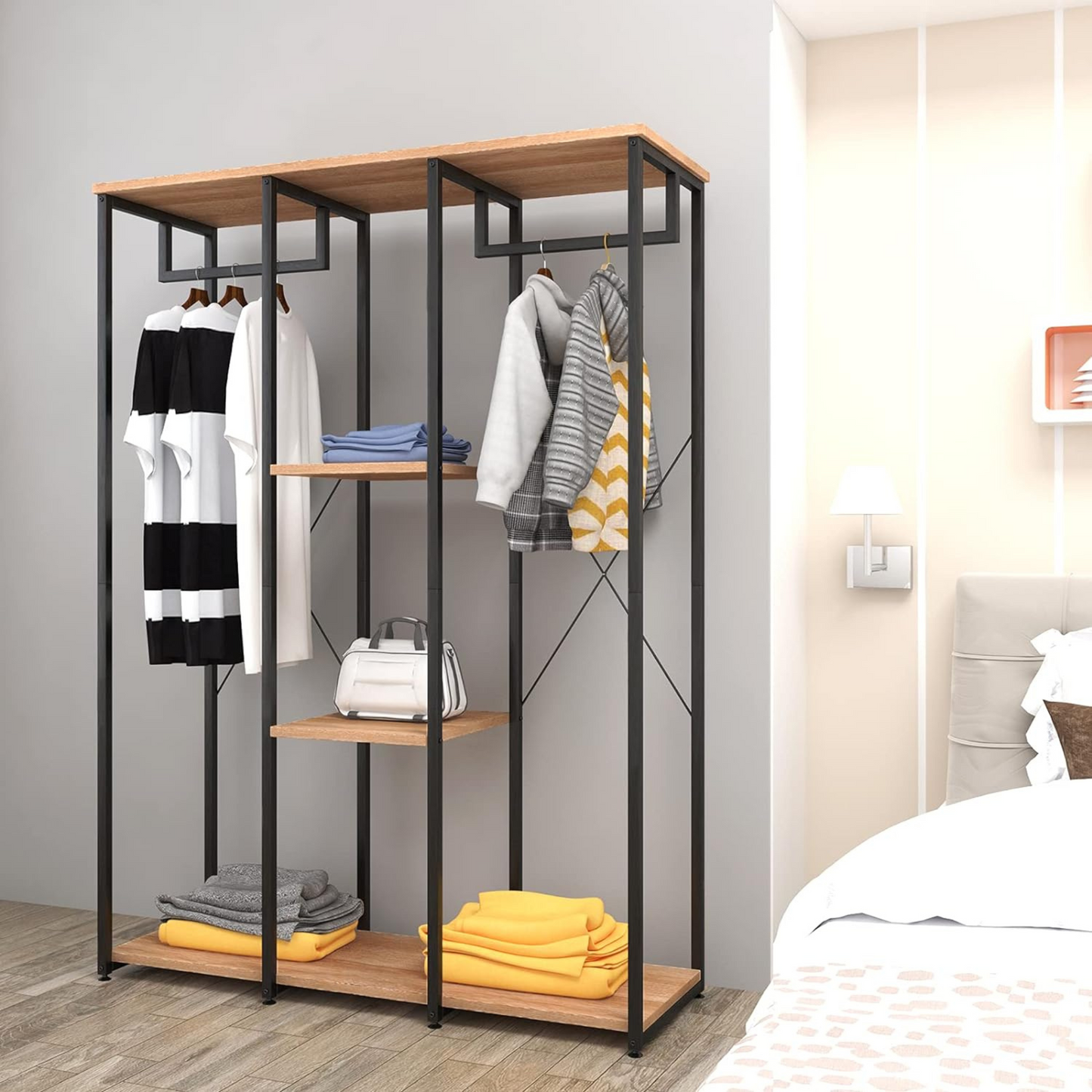 industrial metal open wardrobe with wooden shelves