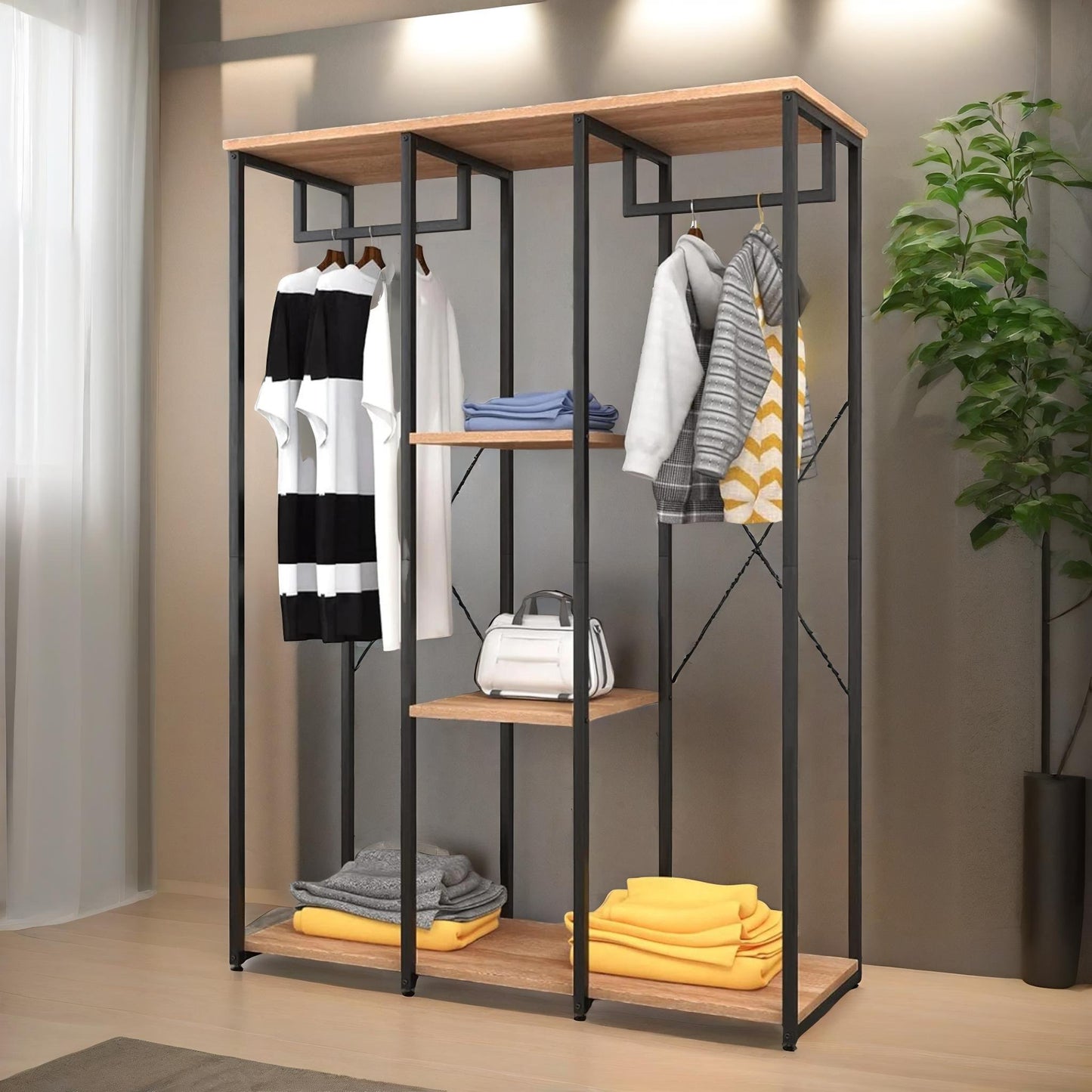 industrial metal open wardrobe with wooden shelves