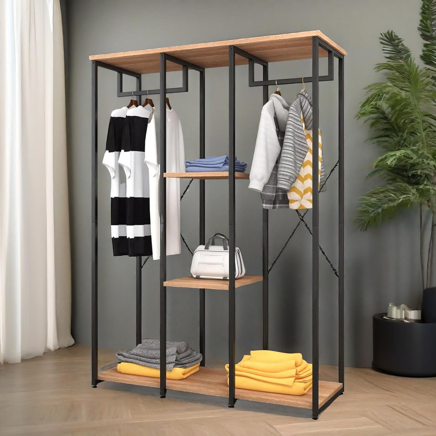 industrial metal open wardrobe with wooden shelves