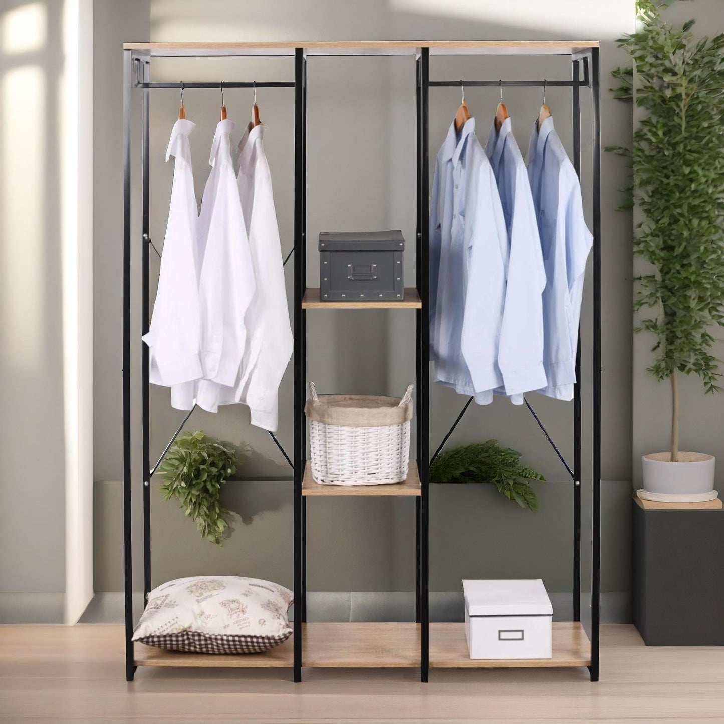 industrial metal open wardrobe with wooden shelves