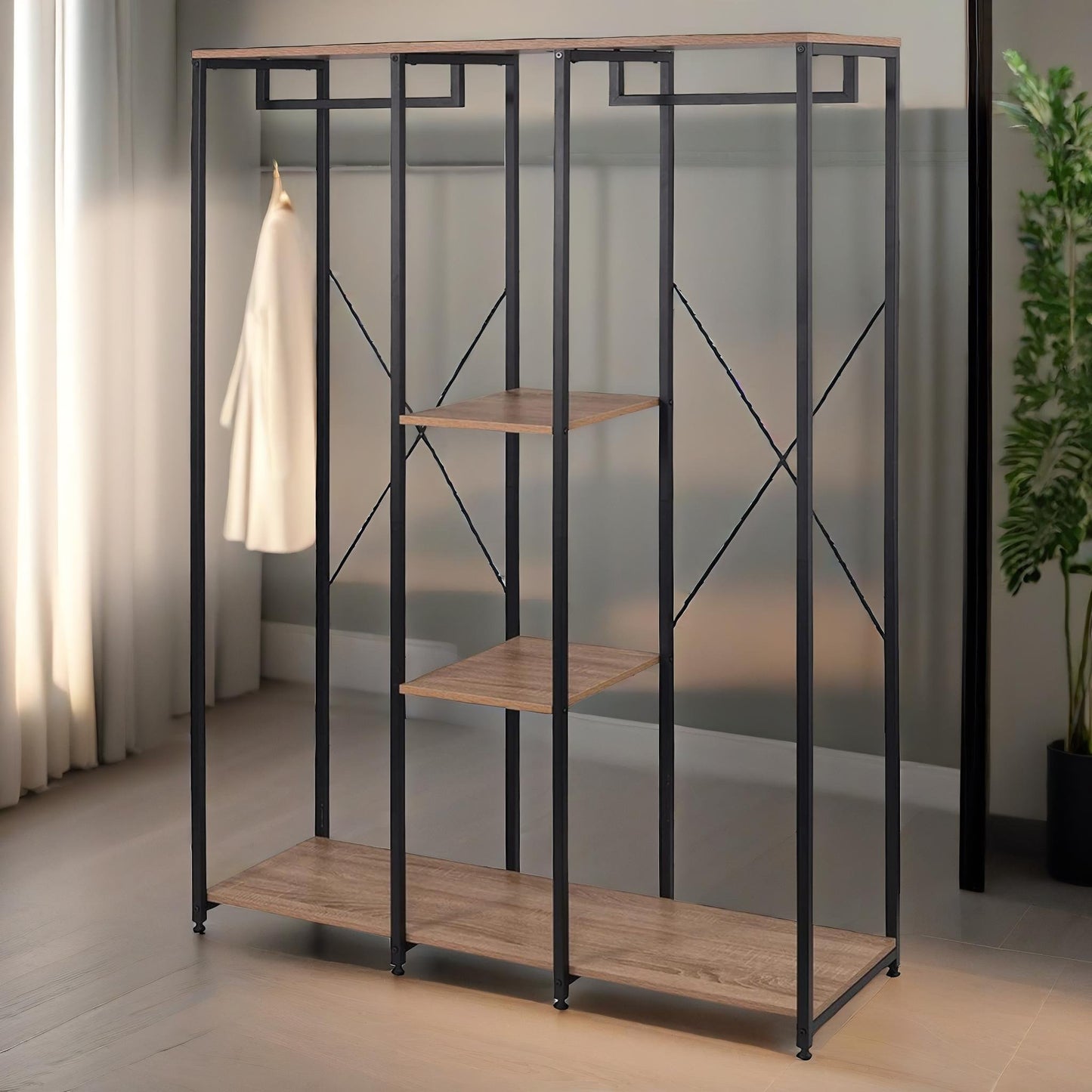 industrial metal open wardrobe with wooden shelves