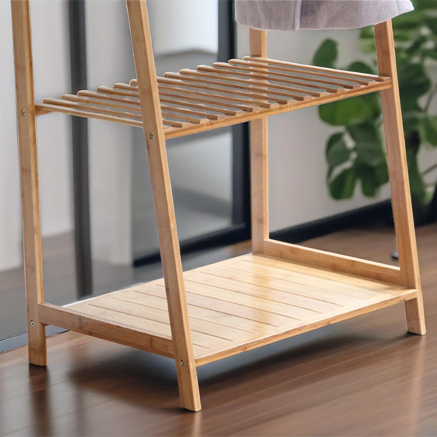 bamboo clothes rail with 2 shelves