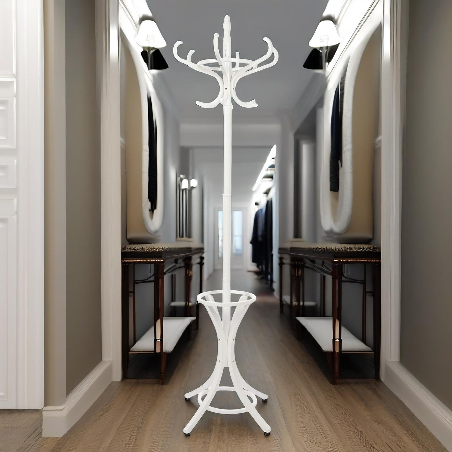 wooden coat stand with 12 hooks white