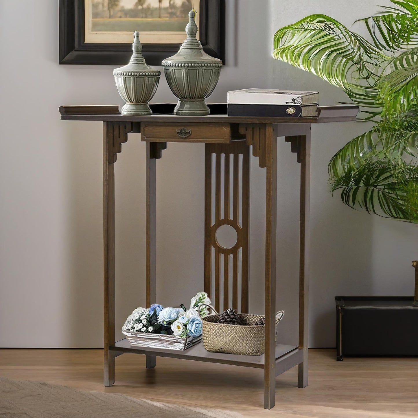 bamboo slim console table with shelf and drawer