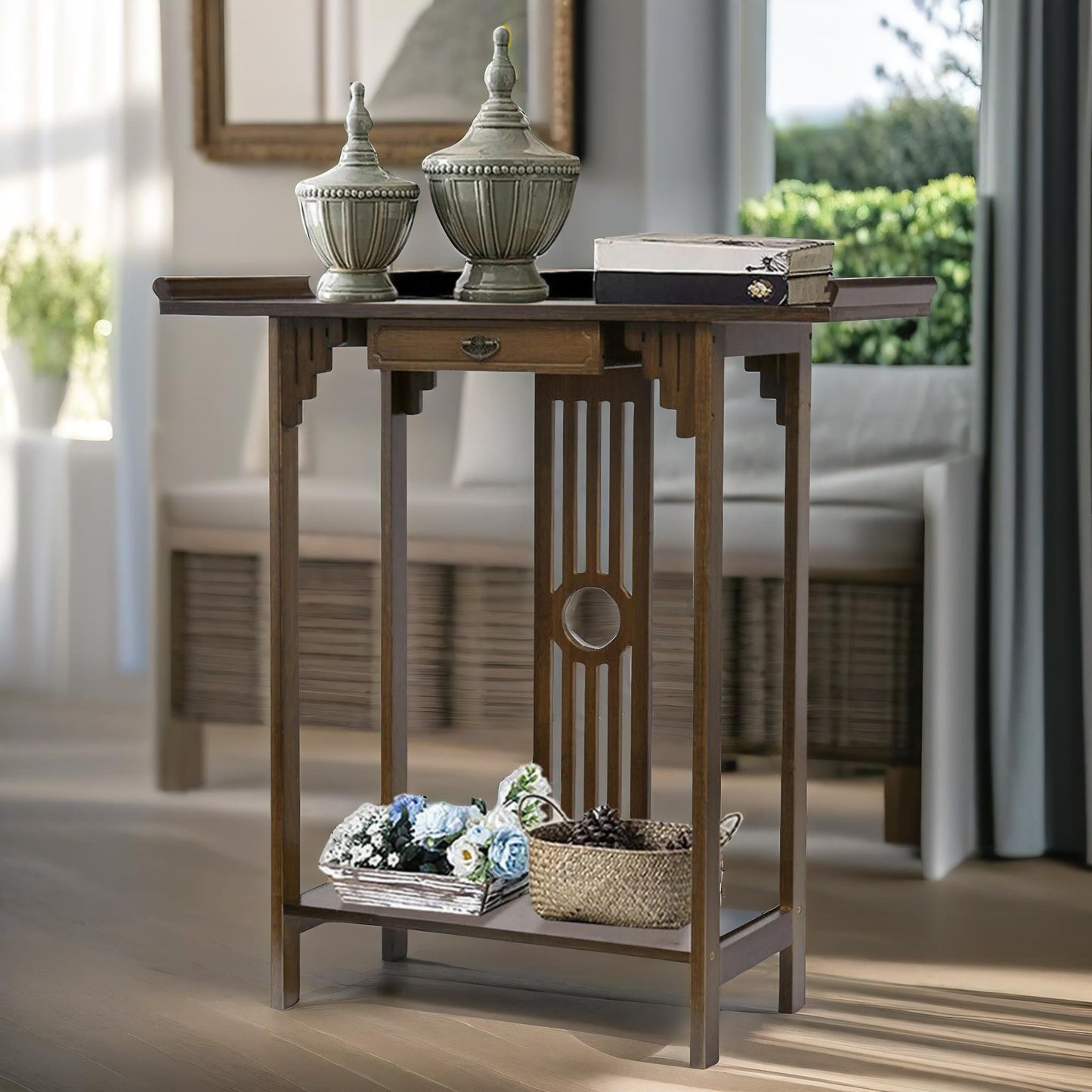 bamboo slim console table with shelf and drawer