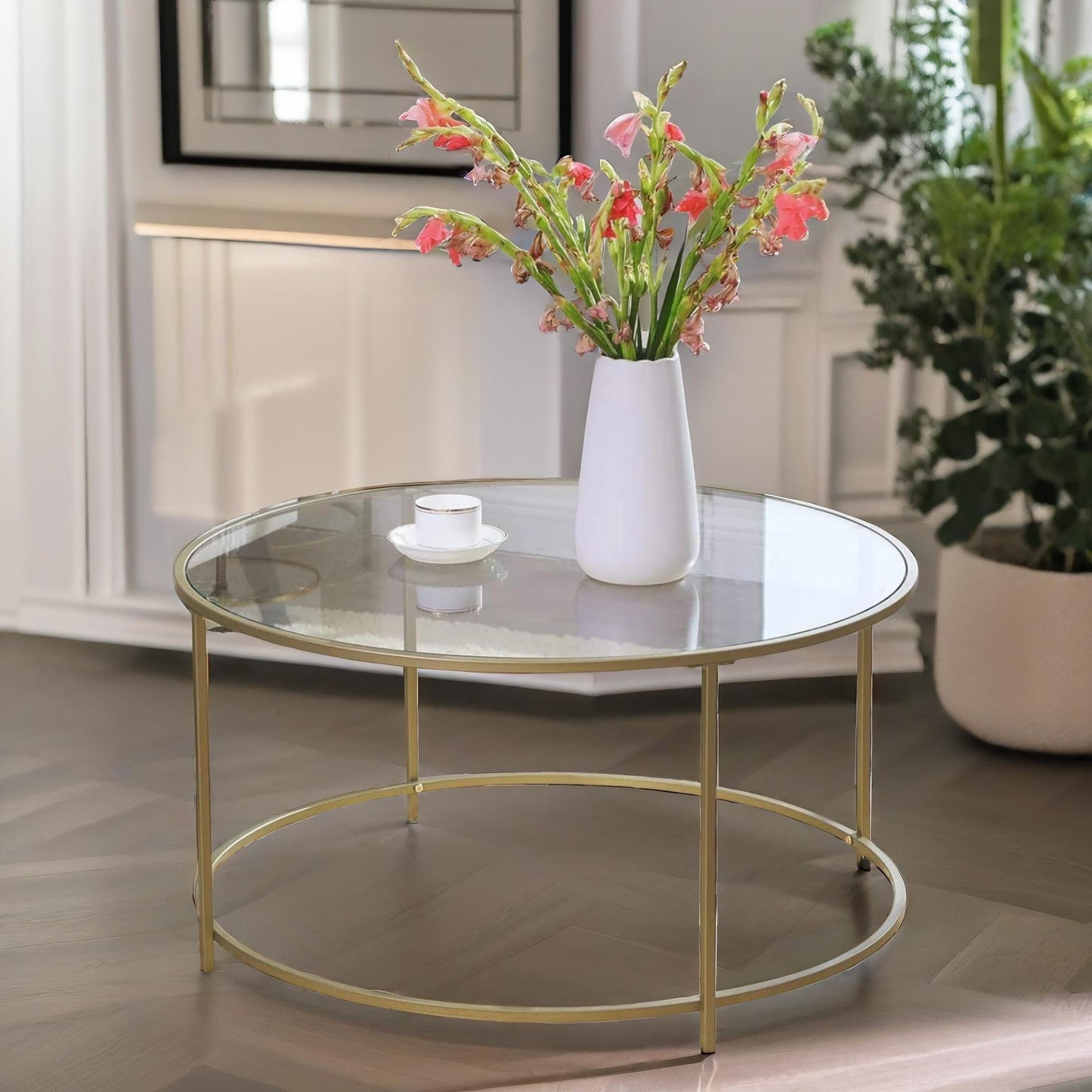 industrial tempered glass round coffee table gold