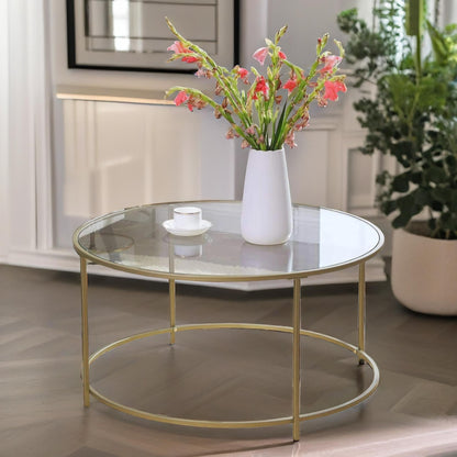 Industrial Tempered Glass Round Coffee Table Gold