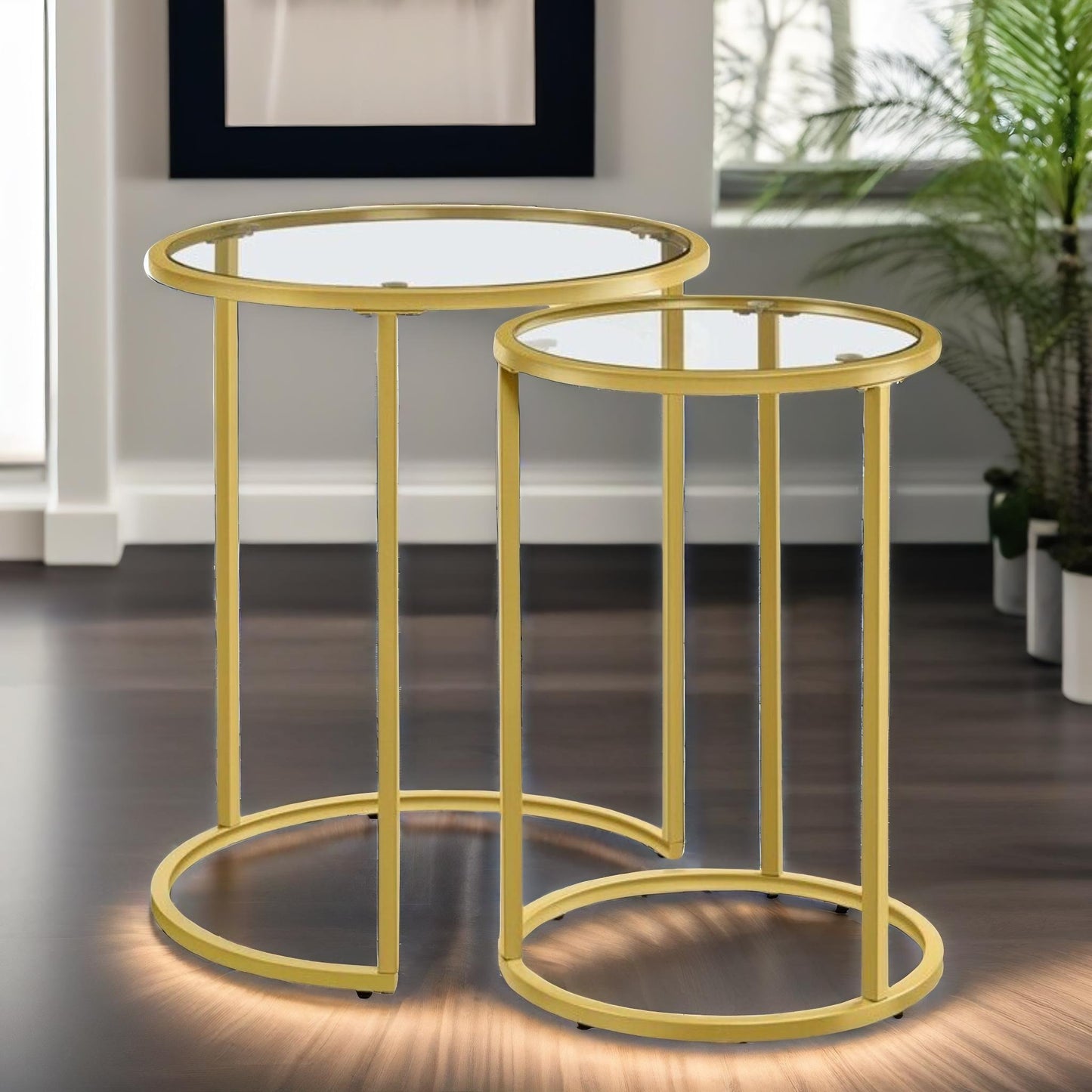 set of 2 round gold nesting tables with tempered glass