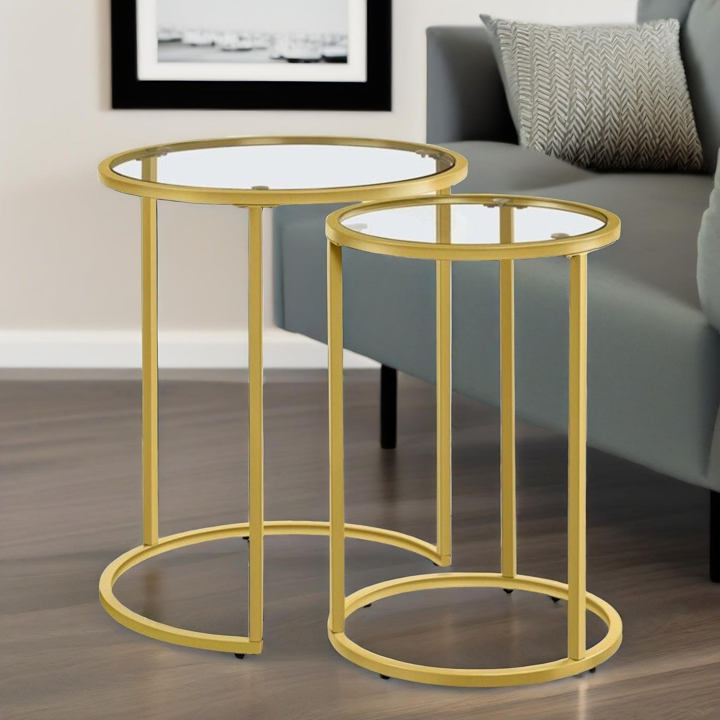 set of 2 round gold nesting tables with tempered glass