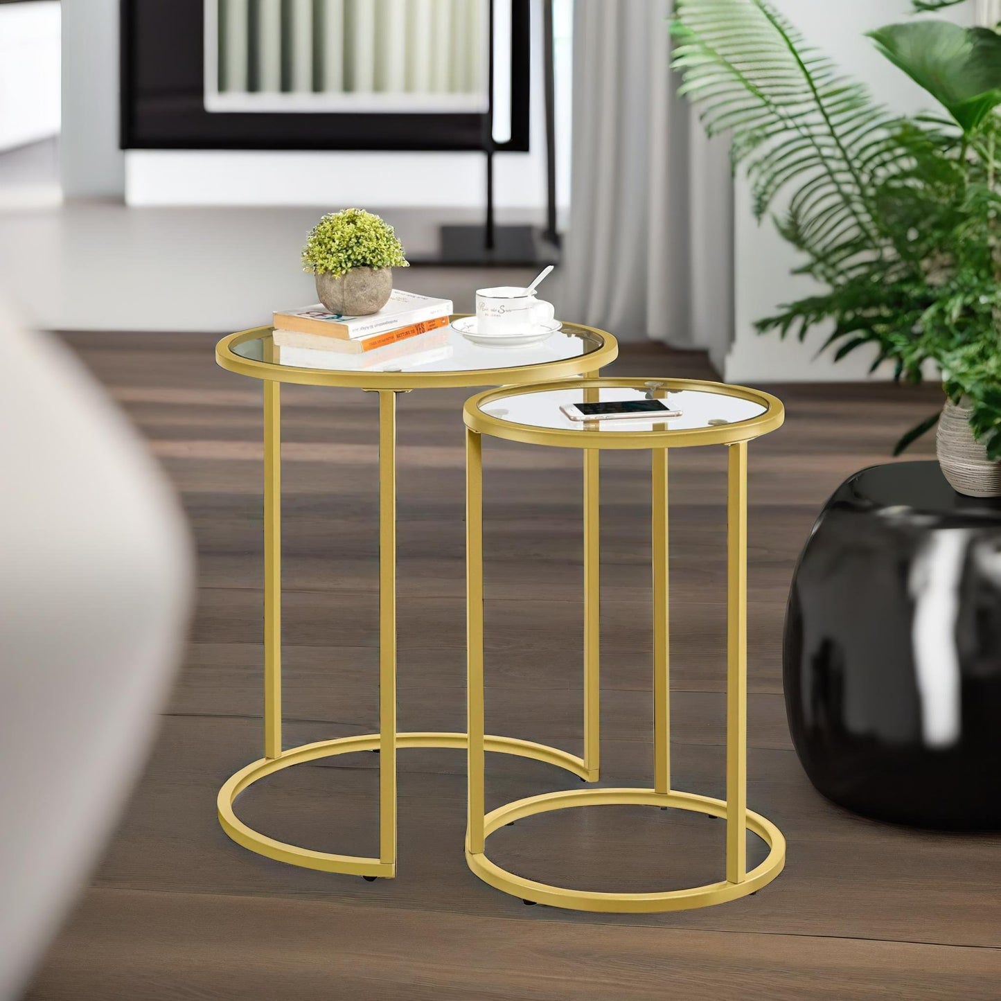 set of 2 round gold nesting tables with tempered glass