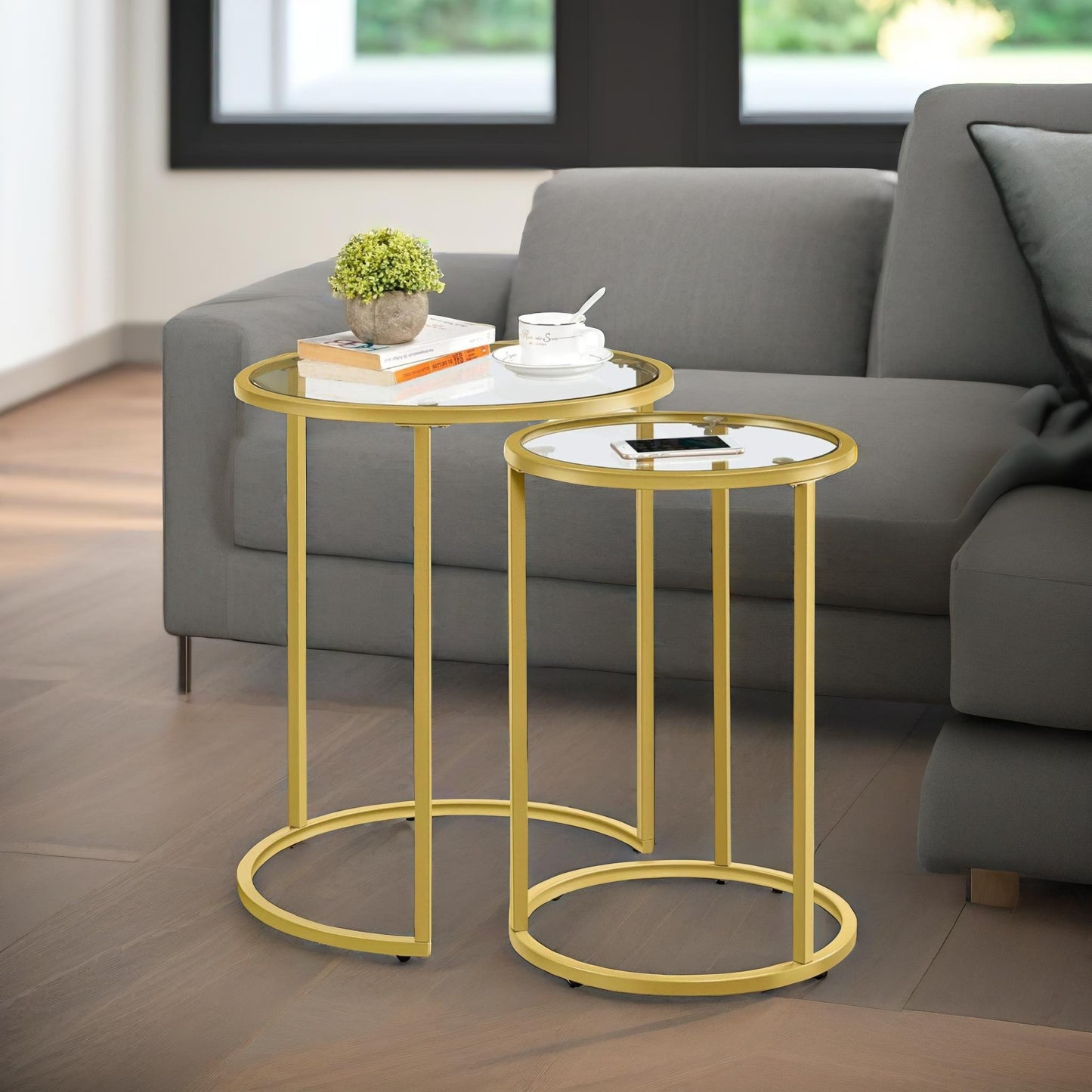 set of 2 round gold nesting tables with tempered glass