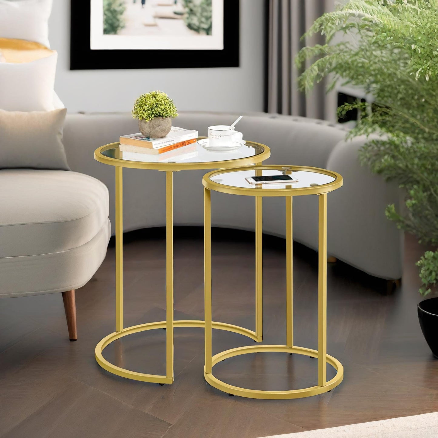 set of 2 round gold nesting tables with tempered glass