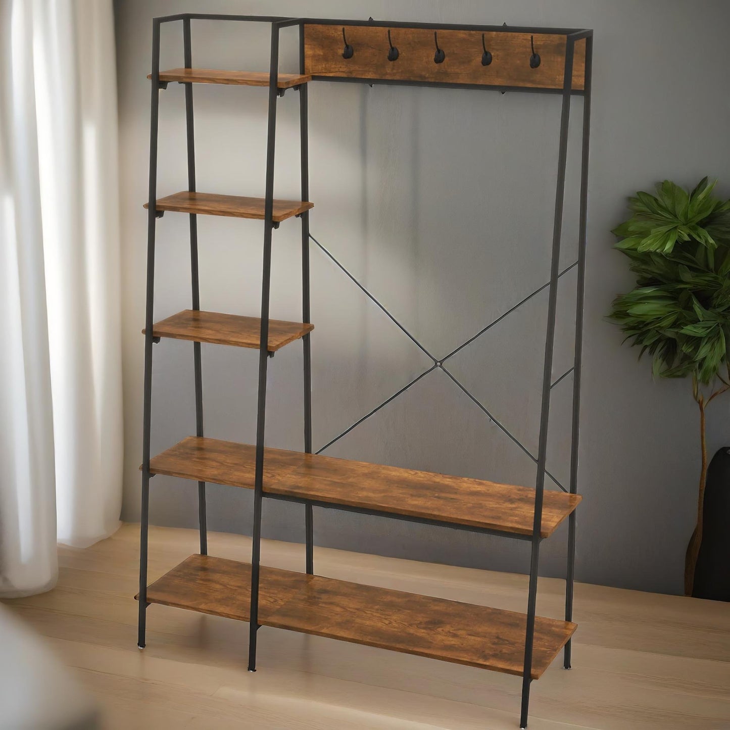 industrial coat hanger stand with shoe storage rustic brown