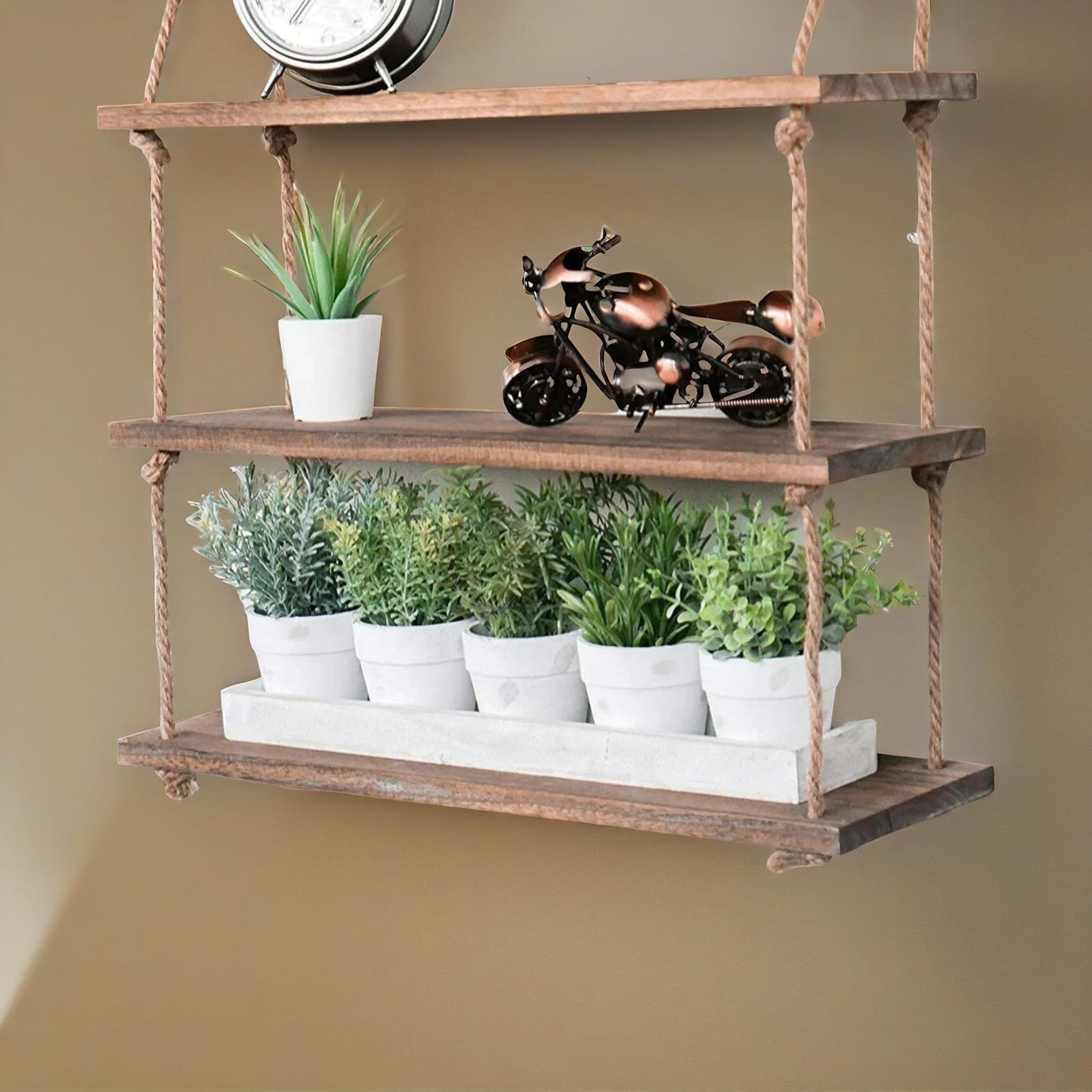 3 tier wooden hanging shelves with rope detail