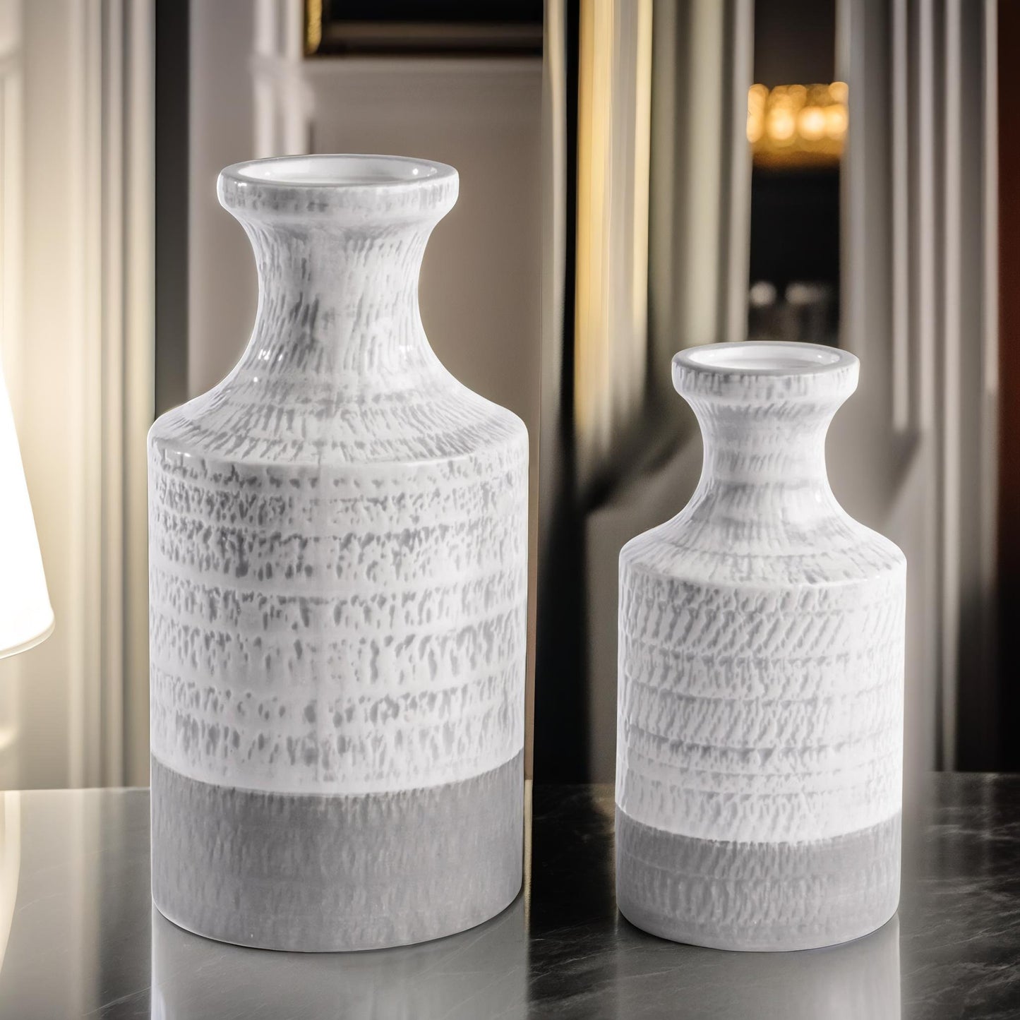 set of 2 grey & white ceramic vase