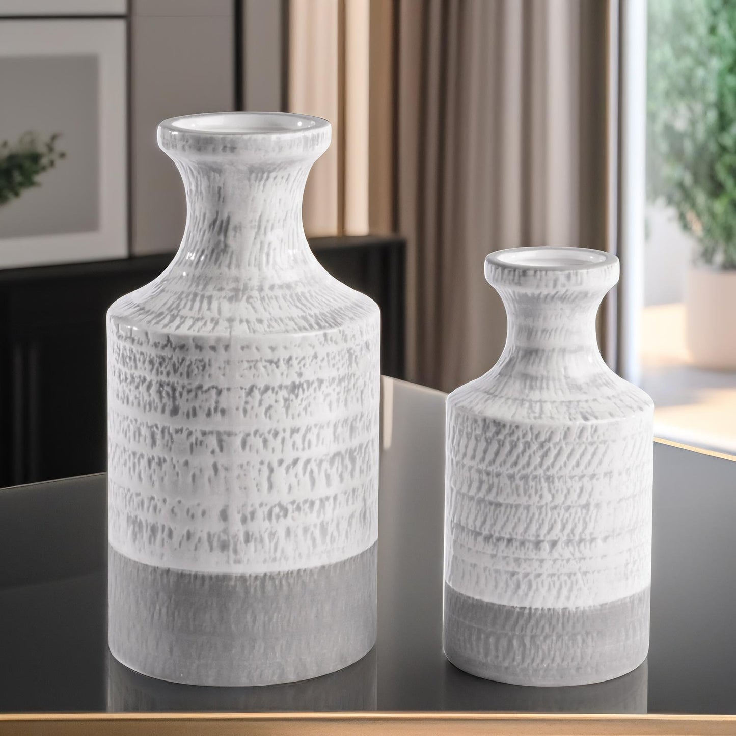 set of 2 grey & white ceramic vase