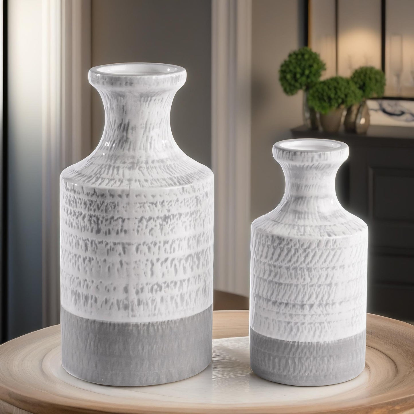 set of 2 grey & white ceramic vase