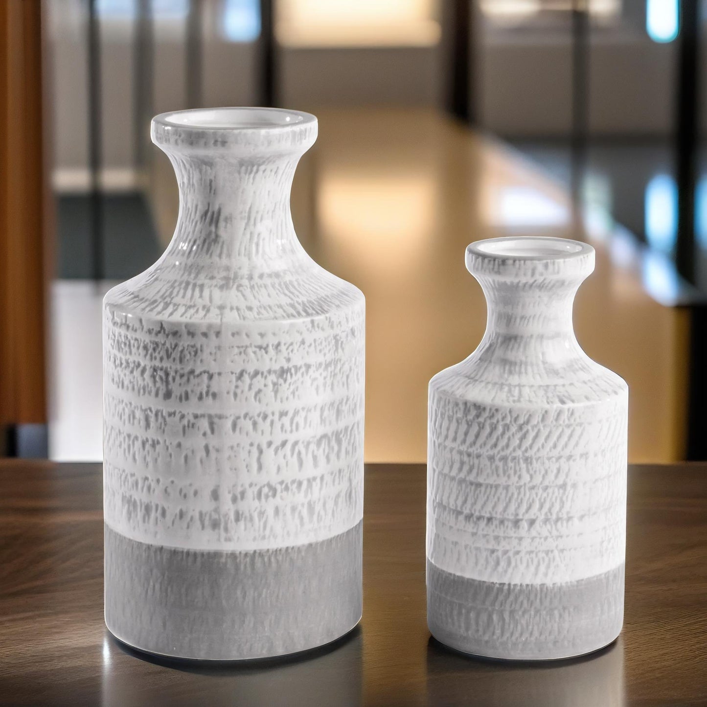 set of 2 grey & white ceramic vase