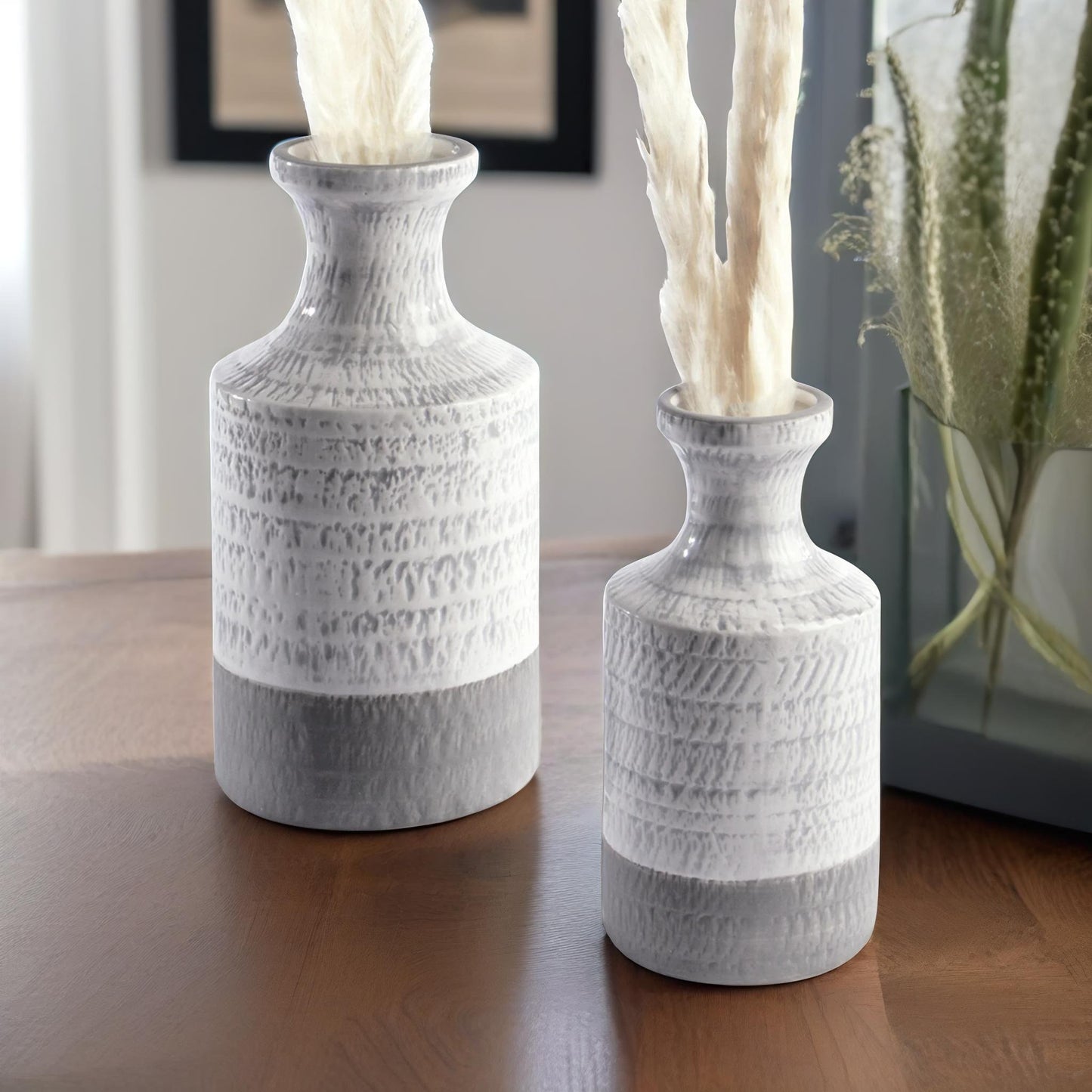 set of 2 grey & white ceramic vase