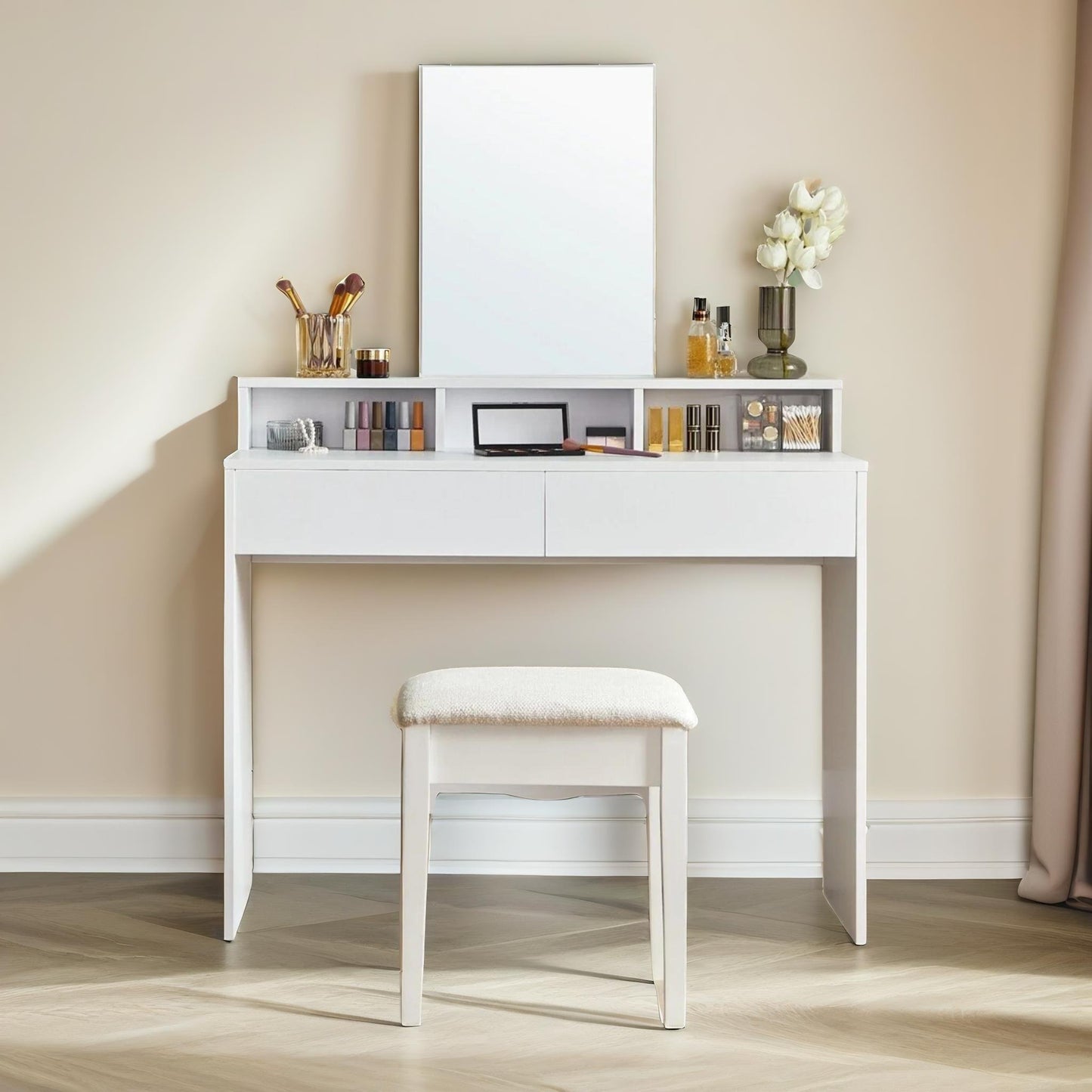 2 drawer dressing table with mirror white