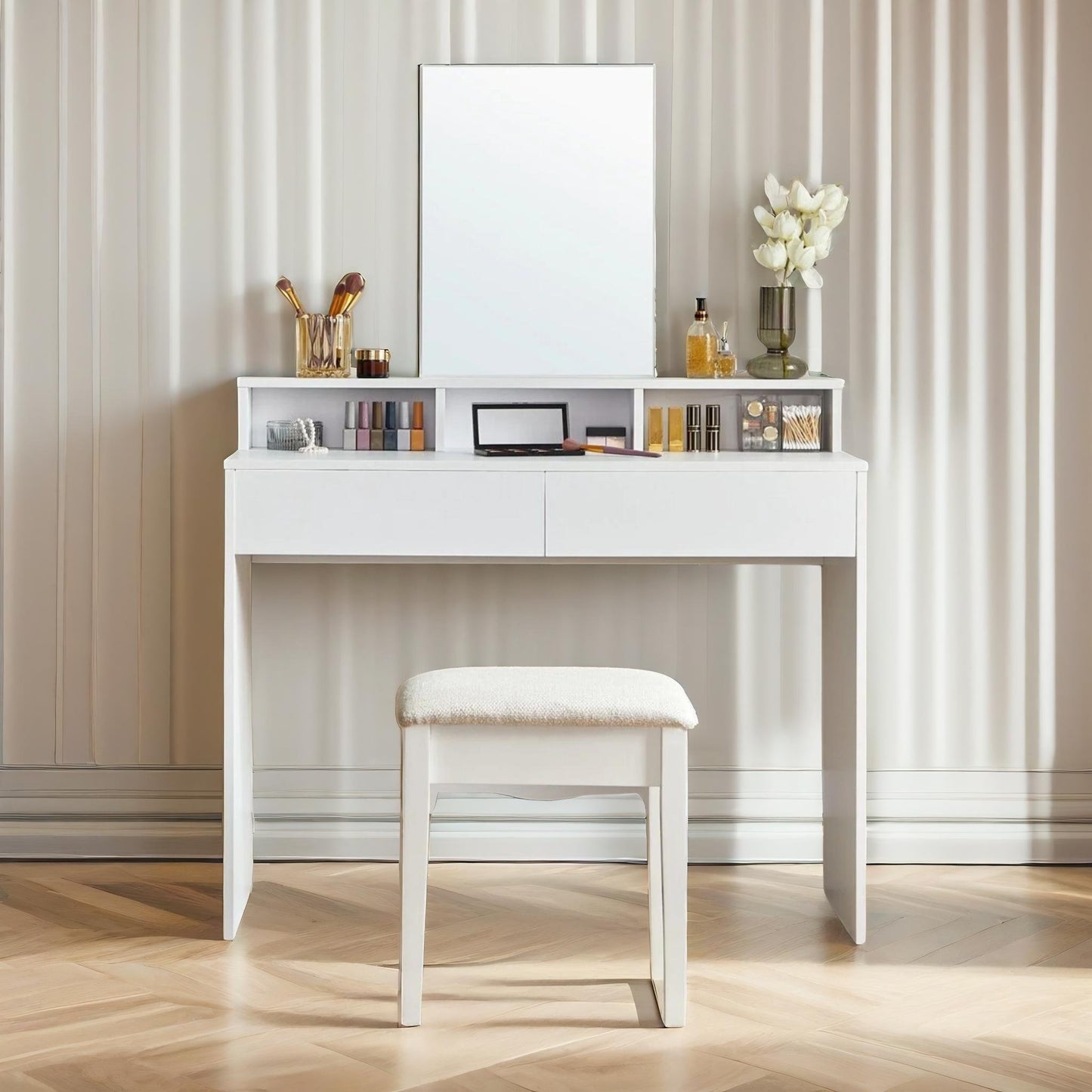 2 drawer dressing table with mirror white