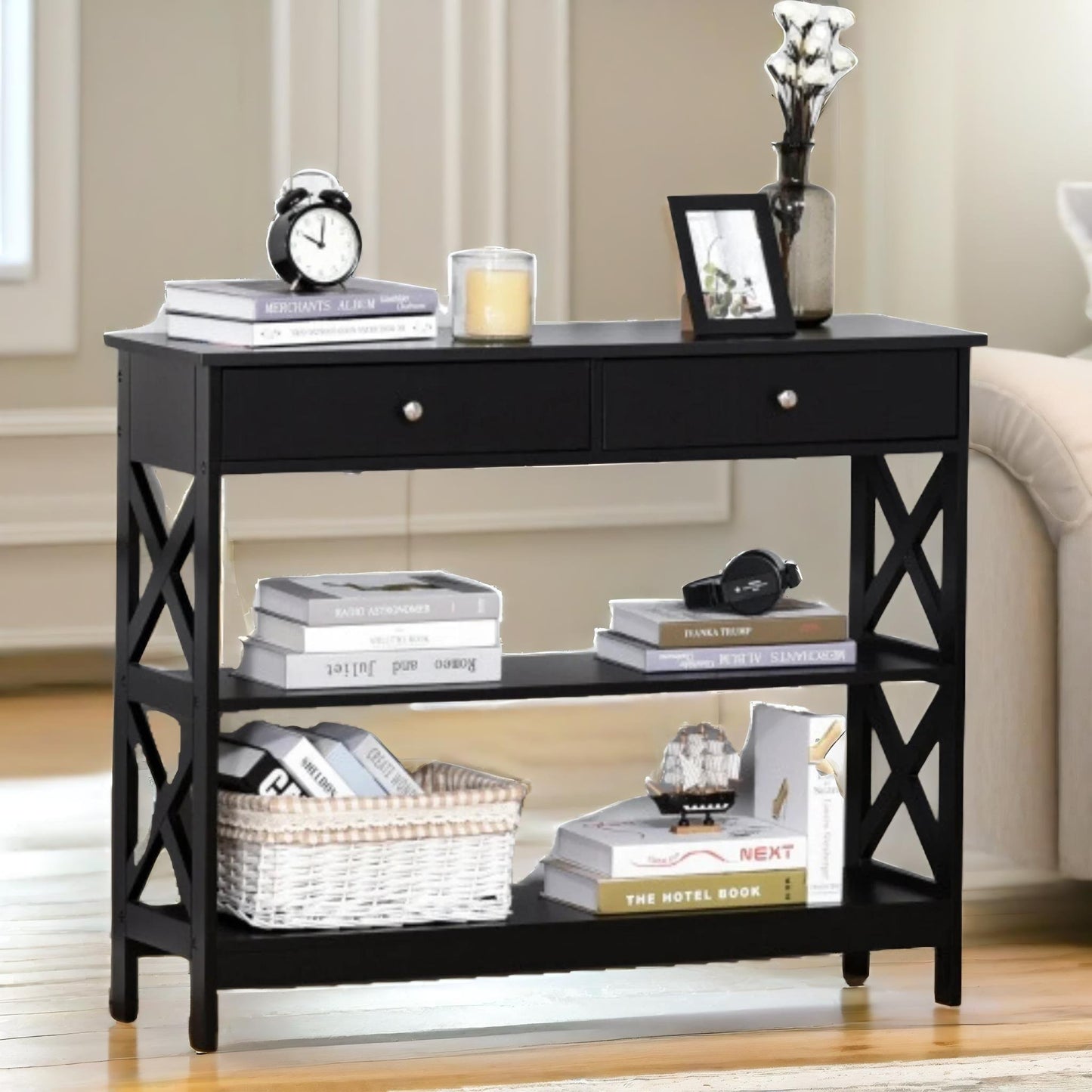 3 tier console table with 2 drawers black