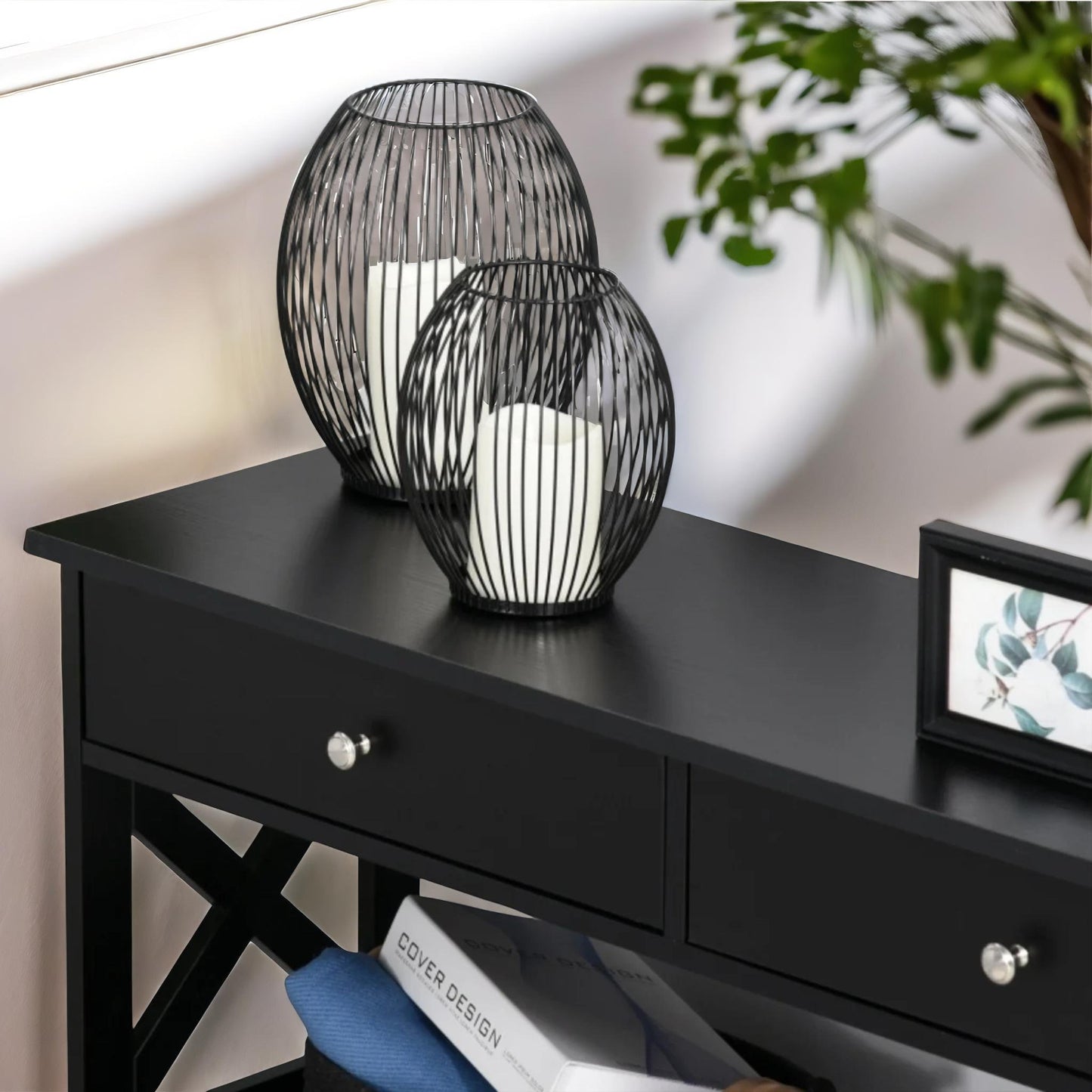 3 tier console table with 2 drawers black