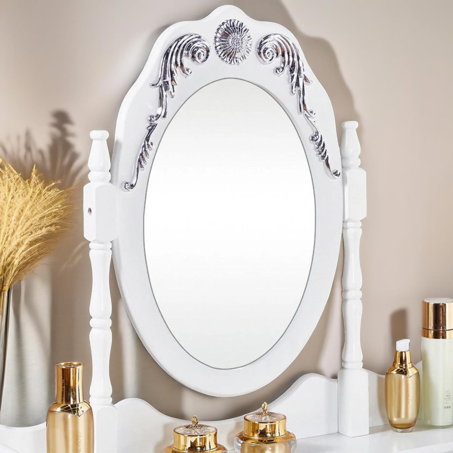 5 drawer white dressing table with round mirror and stool