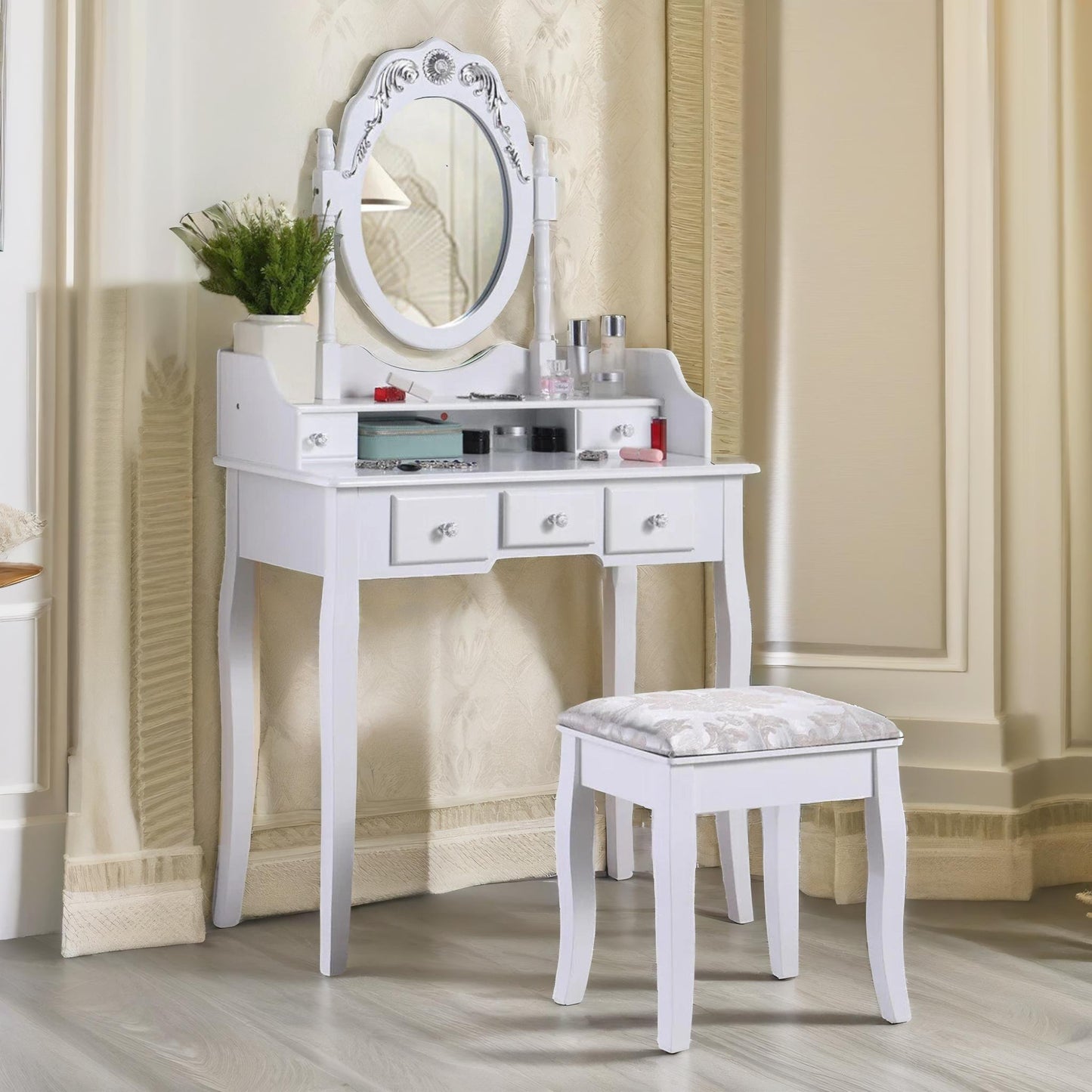 5 drawer white dressing table with round mirror and stool