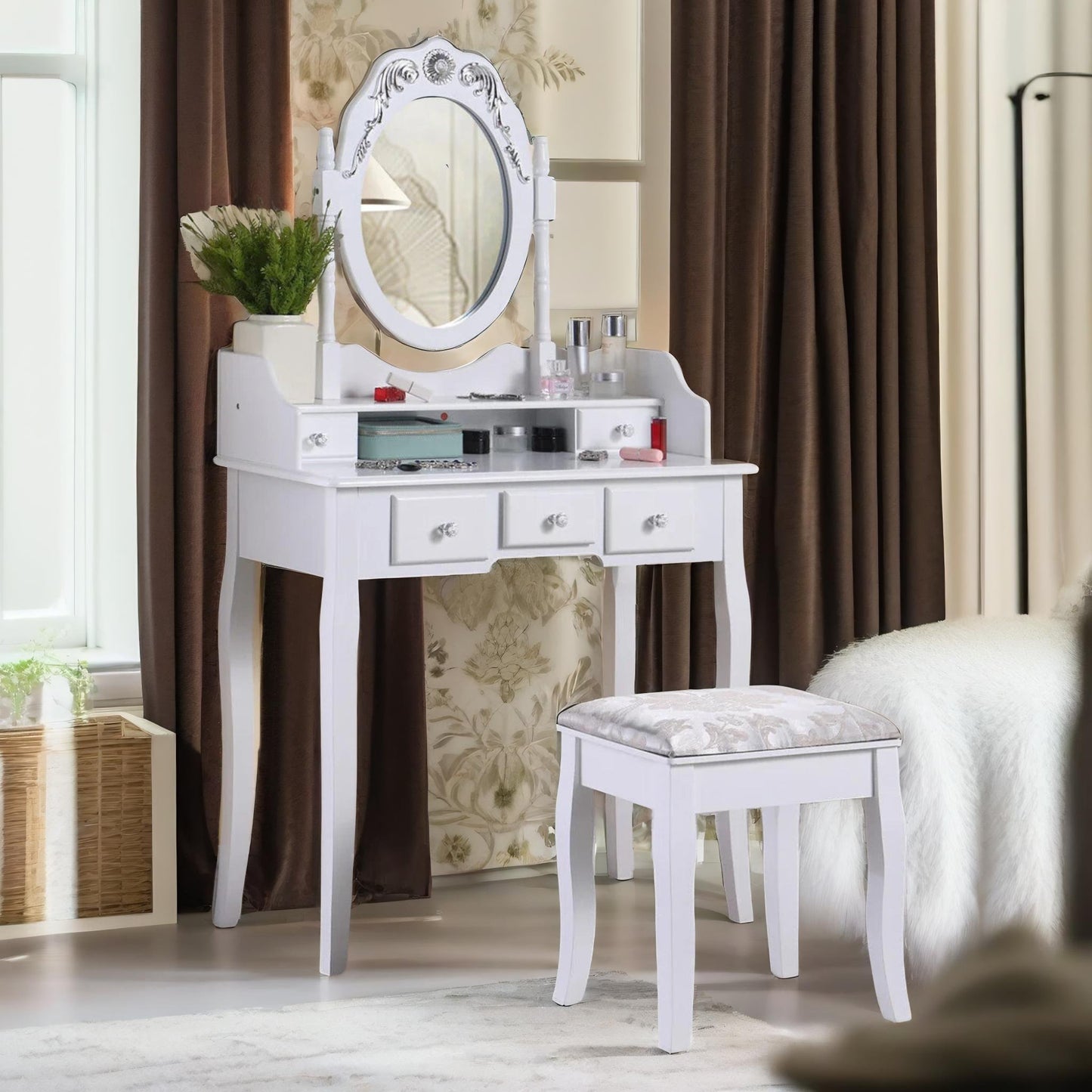 5 drawer white dressing table with round mirror and stool