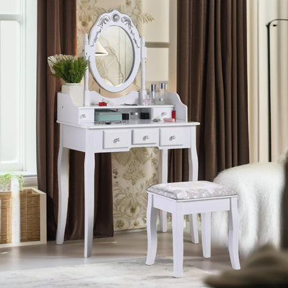 5 Drawer White Dressing Table With Round Mirror And Stool