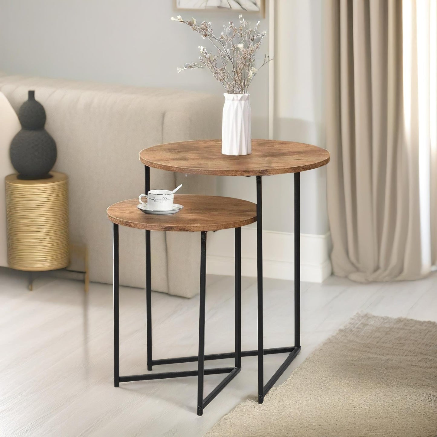 set of 2 round nesting tables rustic brown with triangular base