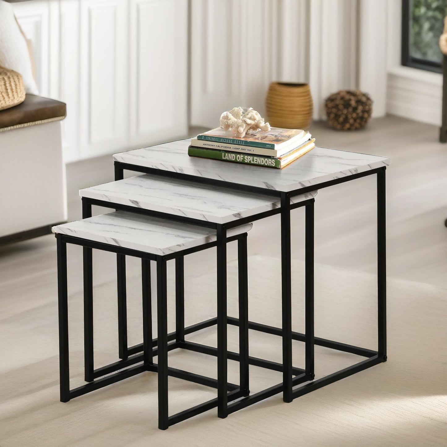 set of 3 square nesting tables marble effect