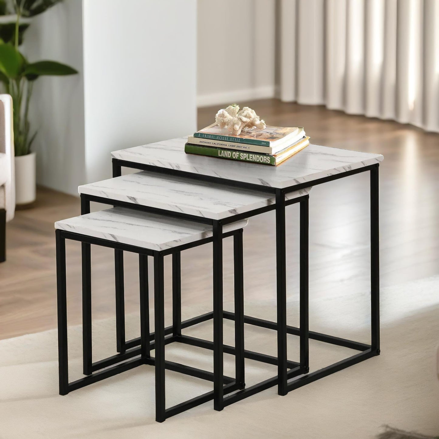 set of 3 square nesting tables marble effect