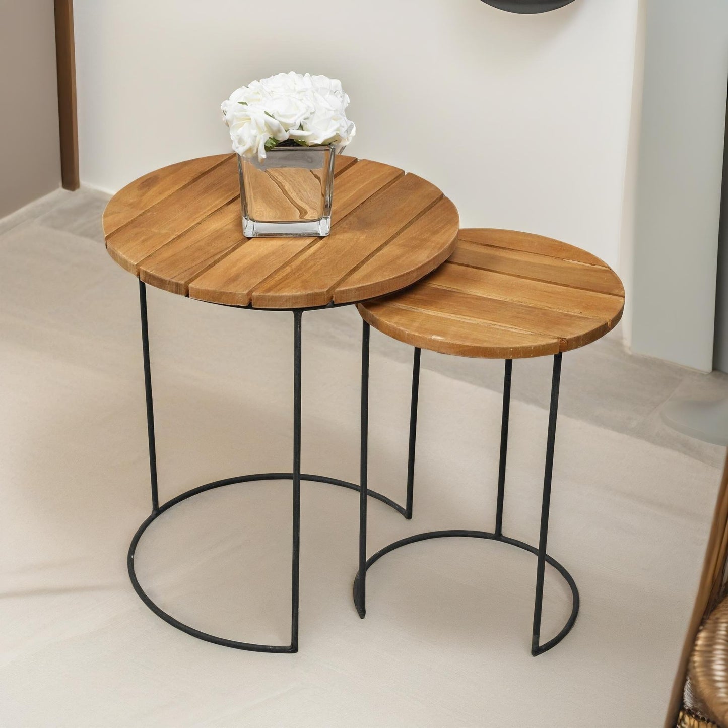 set of 2 round teak nesting tables rustic brown