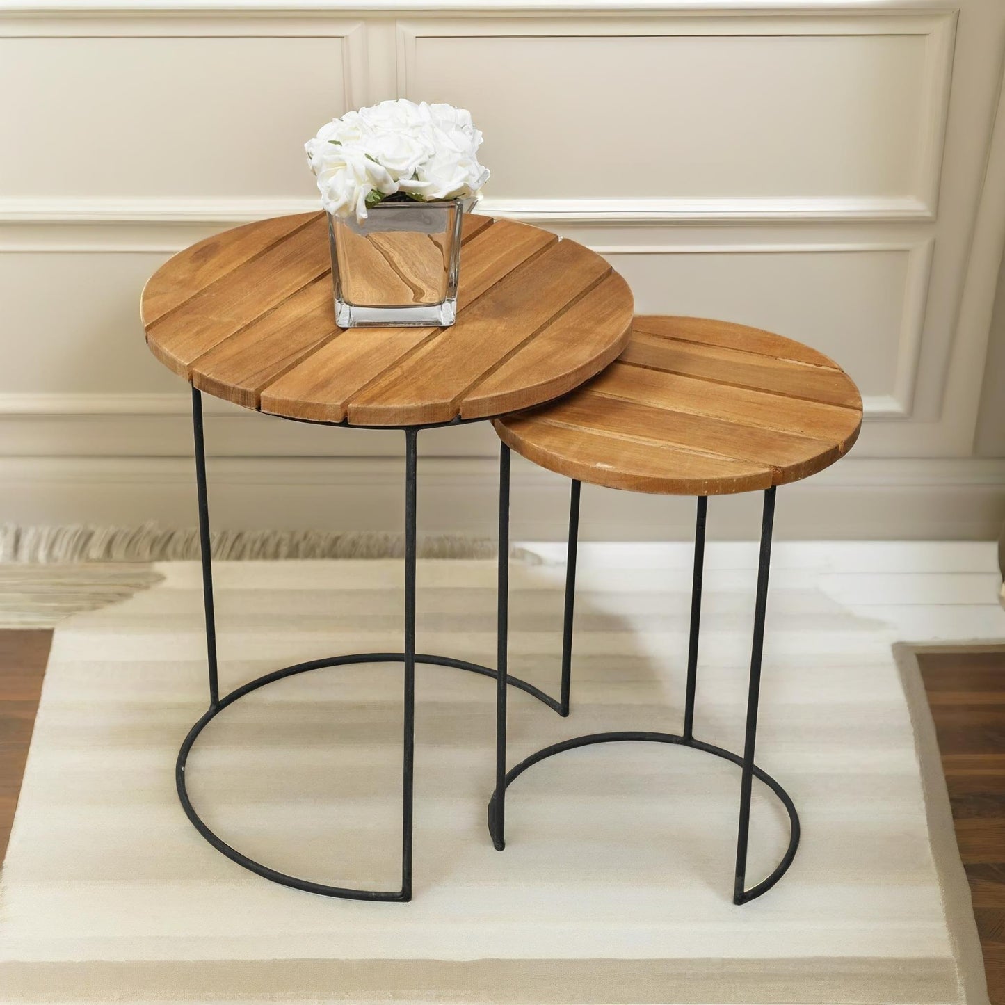 set of 2 round teak nesting tables rustic brown