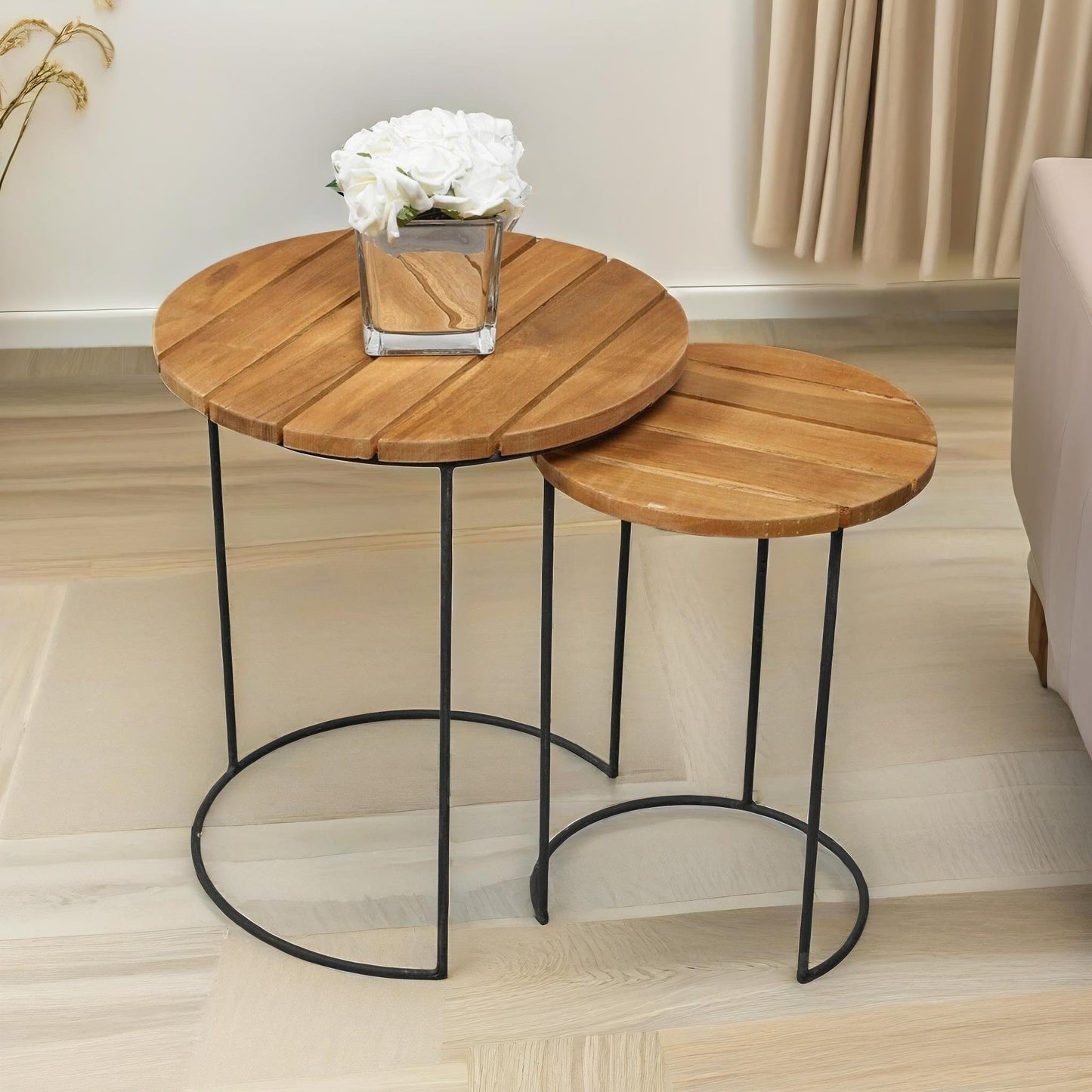 set of 2 round teak nesting tables rustic brown