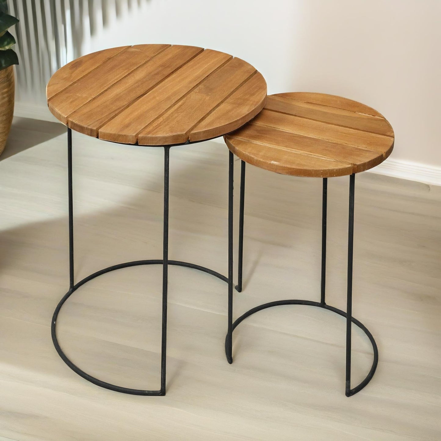 set of 2 round teak nesting tables rustic brown