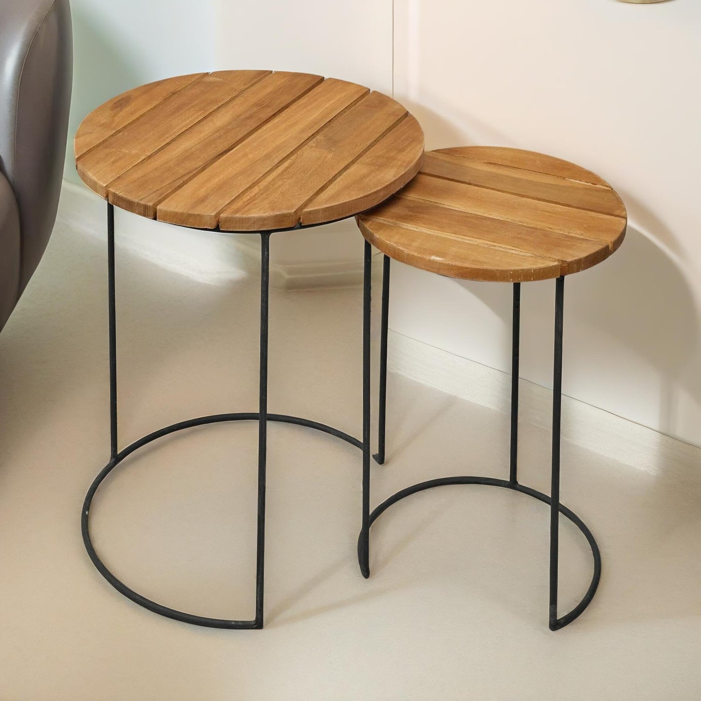 set of 2 round teak nesting tables rustic brown