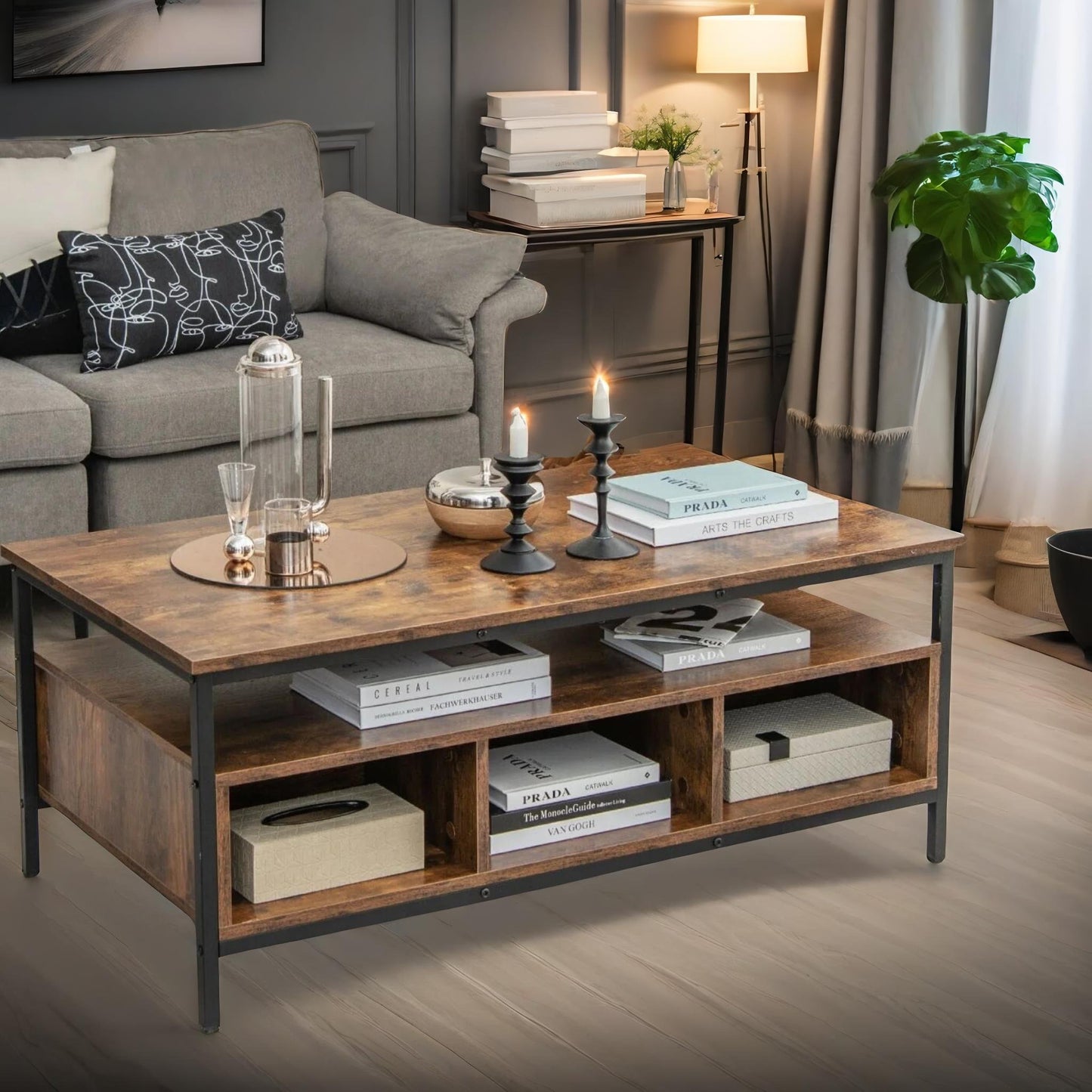 industrial wooden coffee table with storage shelves