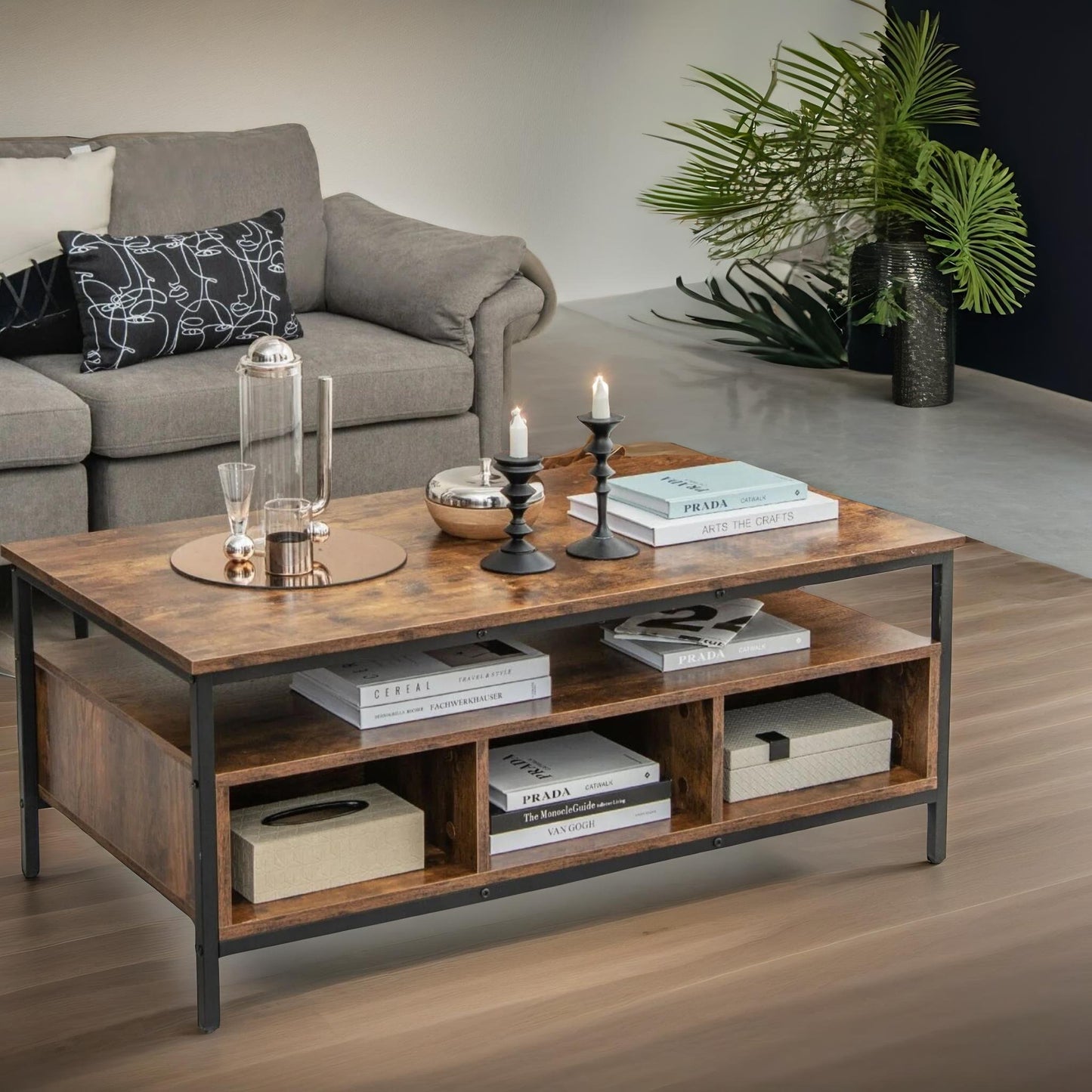 industrial wooden coffee table with storage shelves