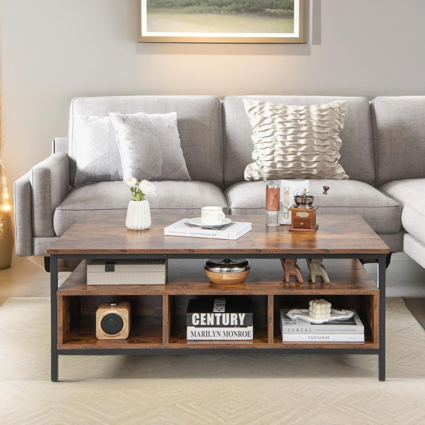 industrial wooden coffee table with storage shelves