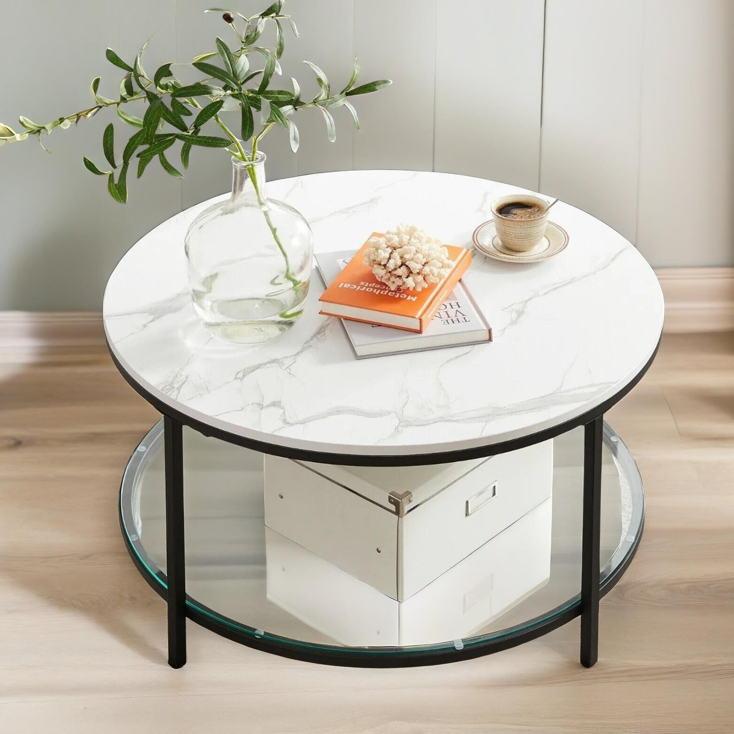 2 tier round faux marble coffee table