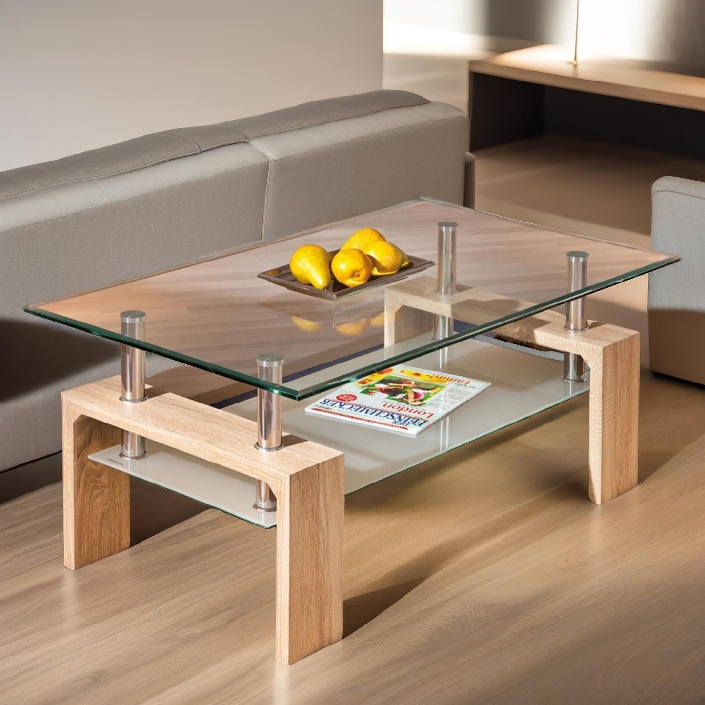 2 tier glass coffee table oak