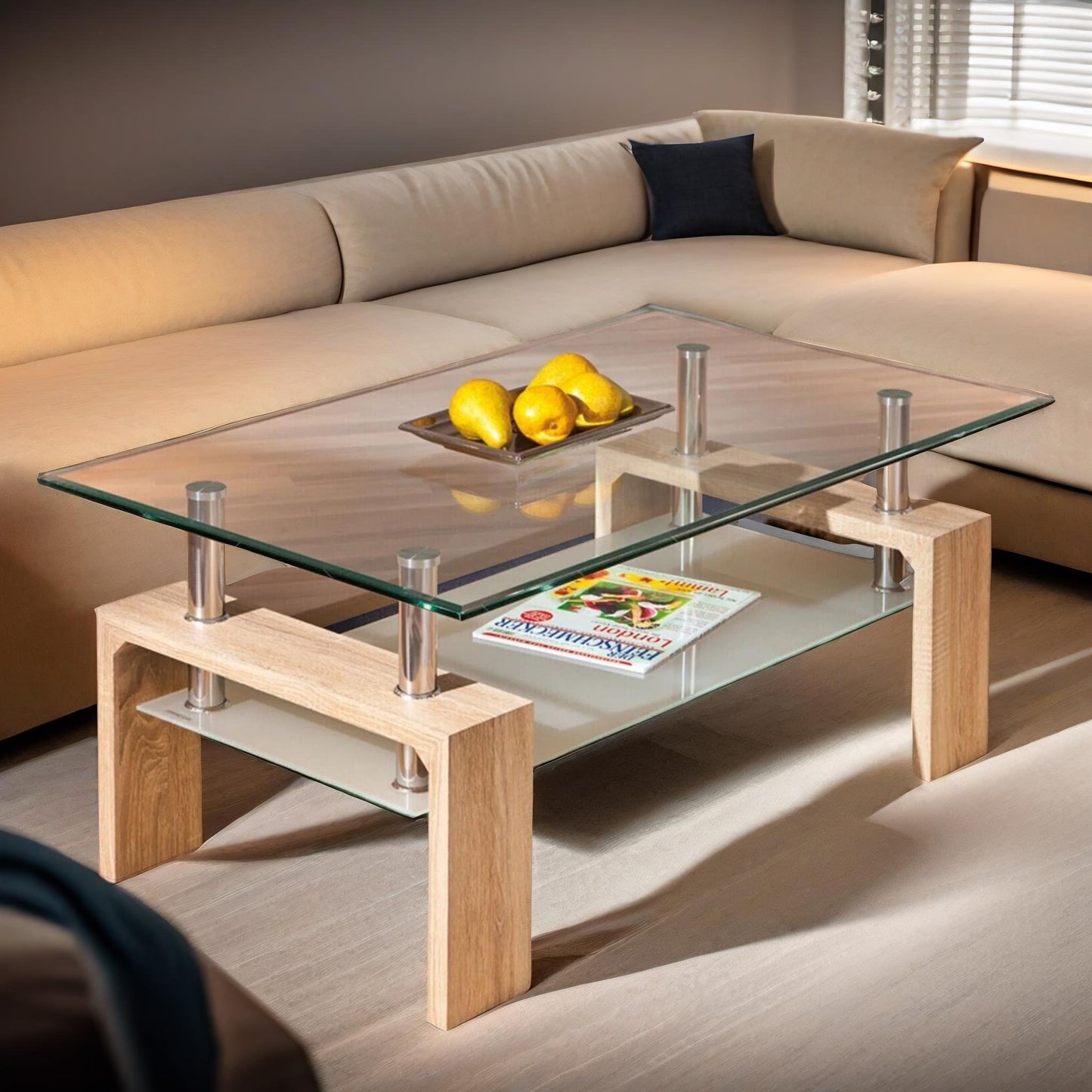 2 tier glass coffee table oak