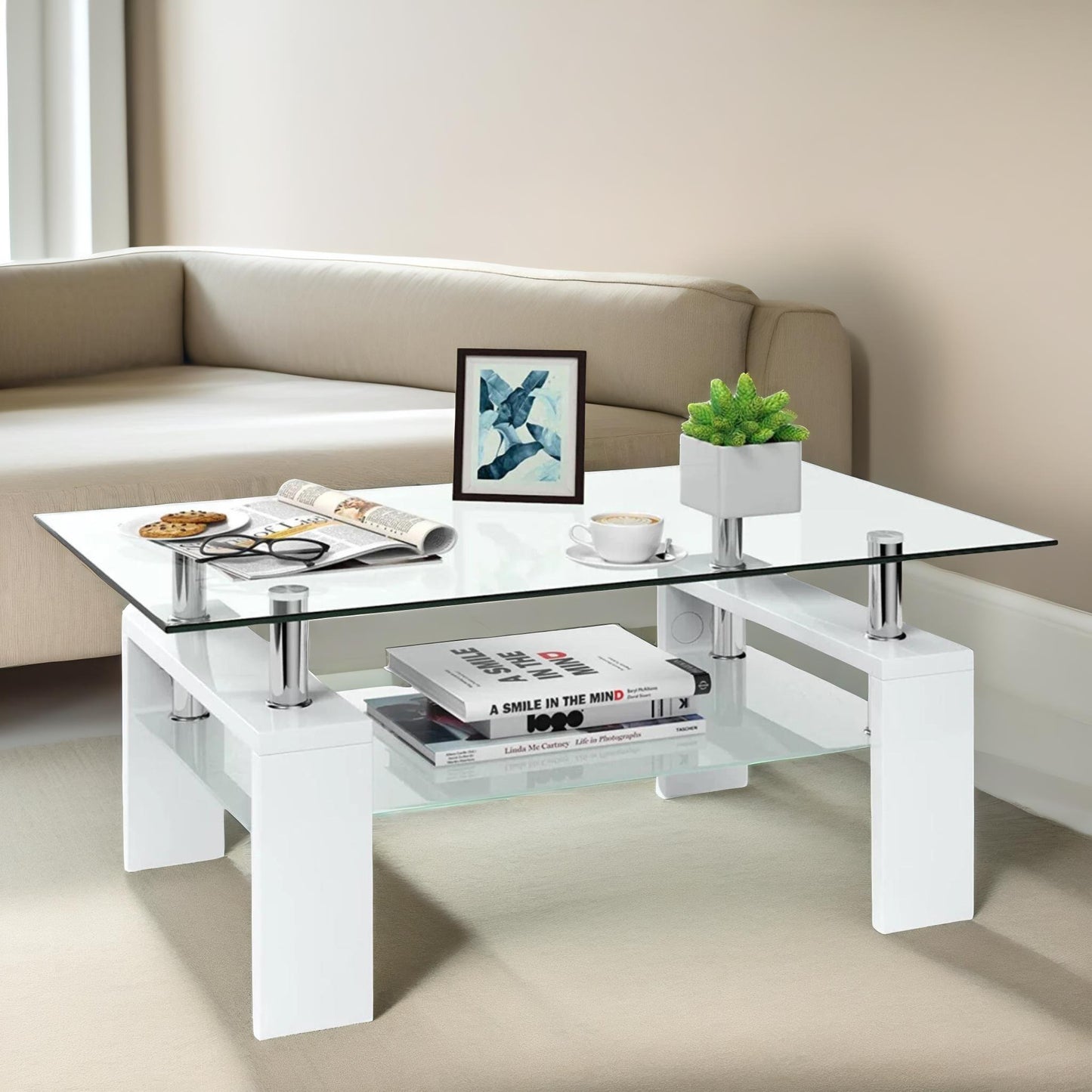 2 tier glass coffee table white