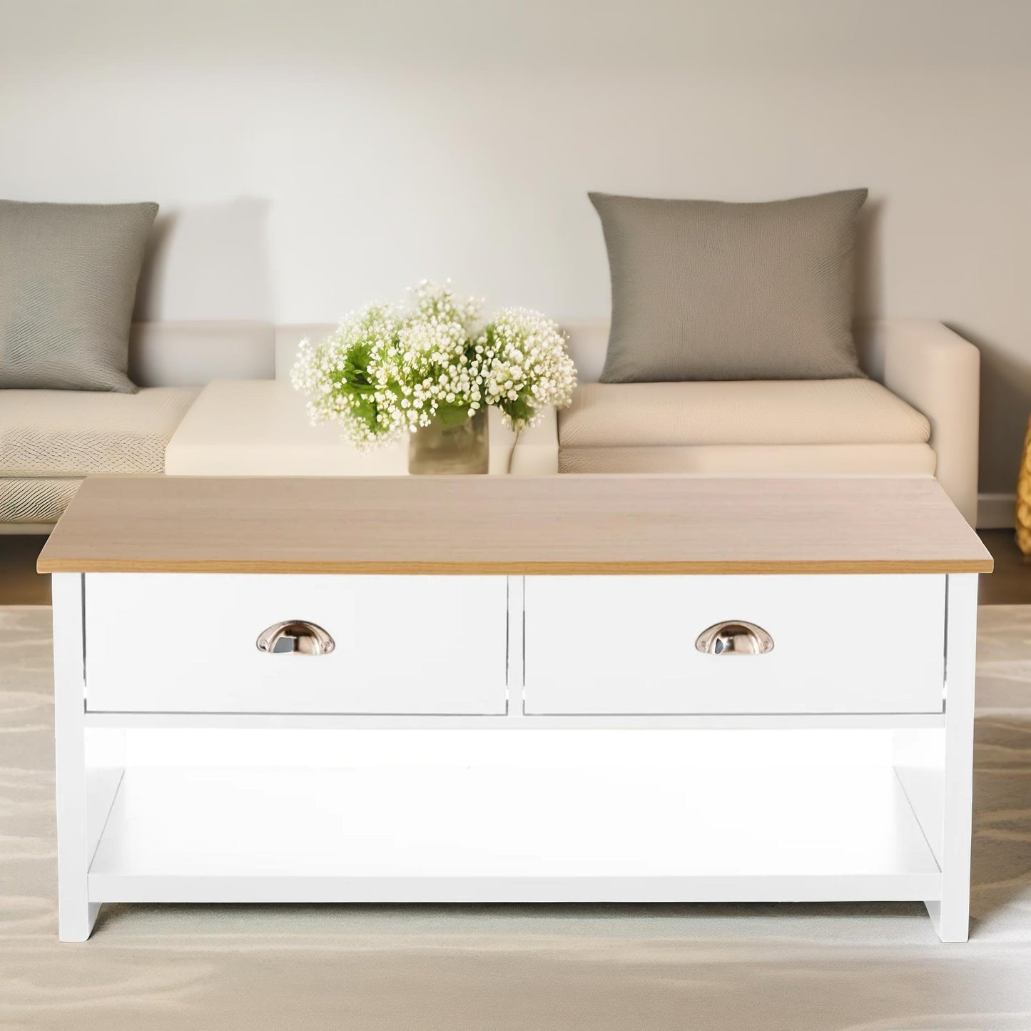 coffee table with 2 drawers oak