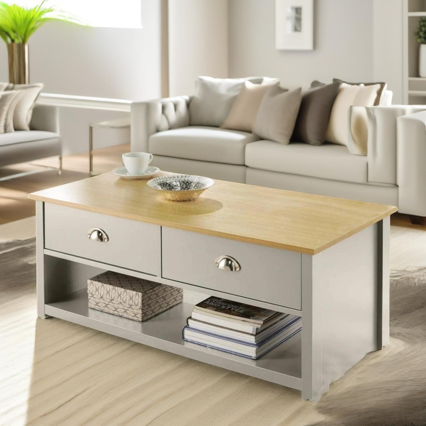 coffee table with 2 drawers grey