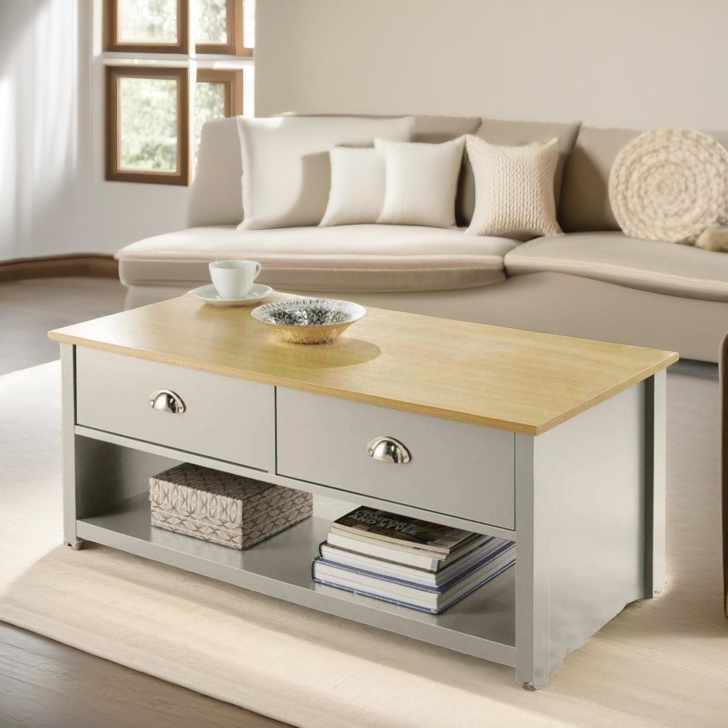 coffee table with 2 drawers grey