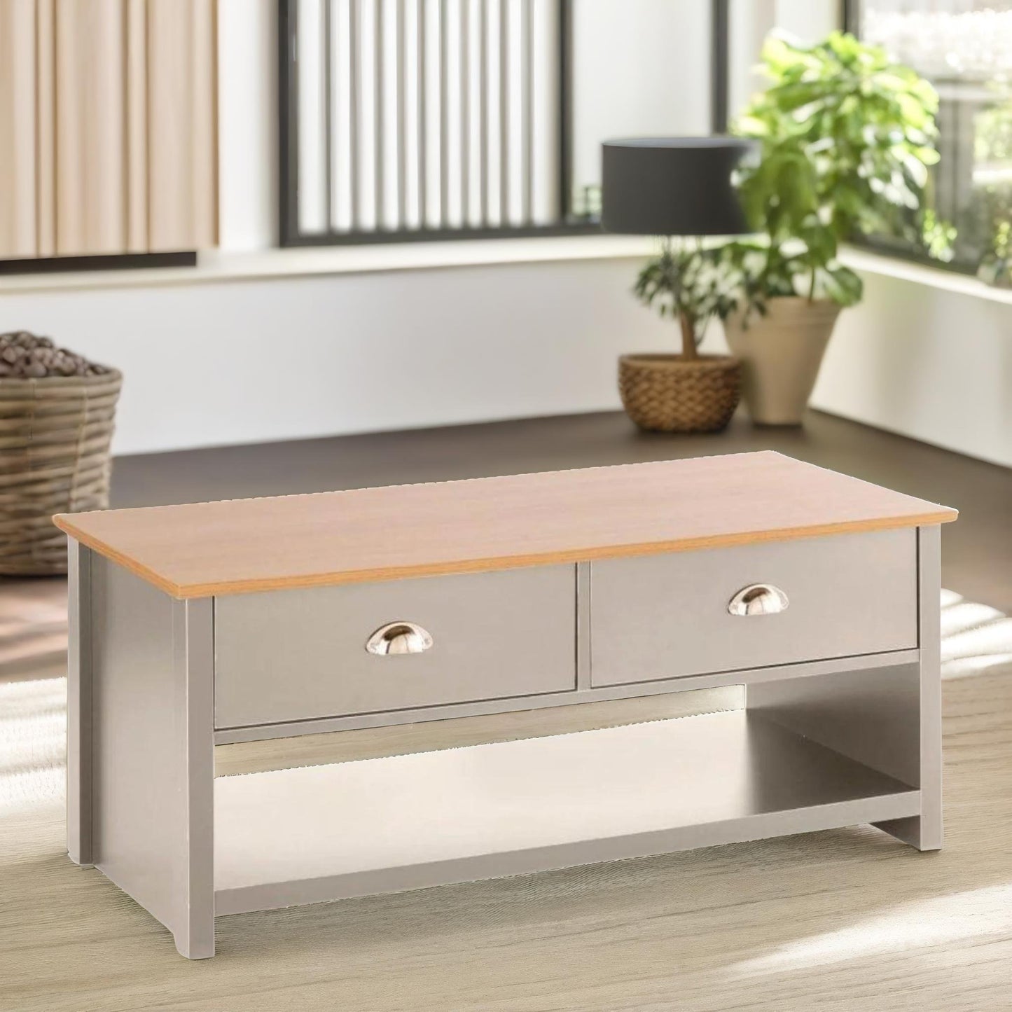 coffee table with 2 drawers grey